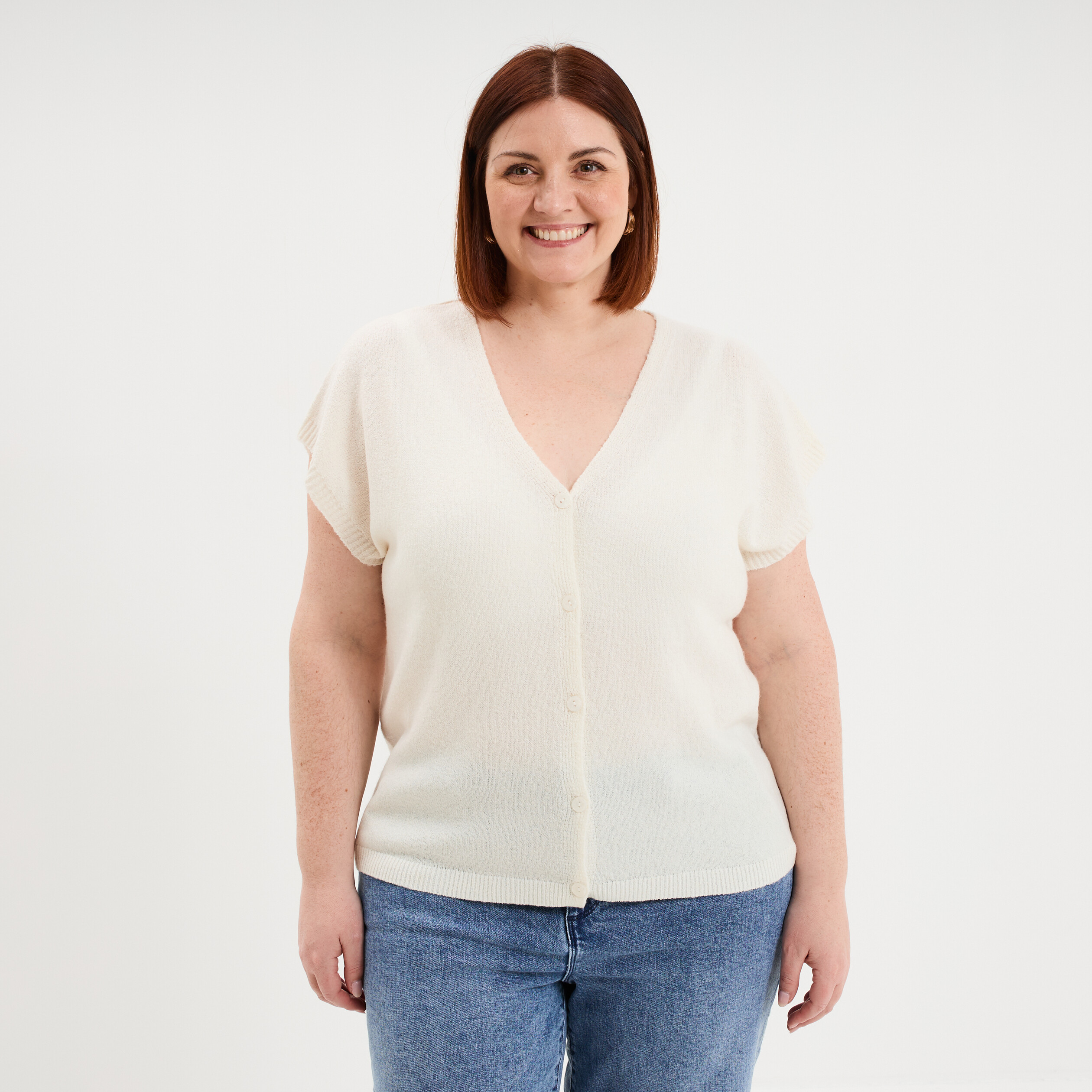 Gilet manches courtes boutonn&eacute; ivoire femme grande taille