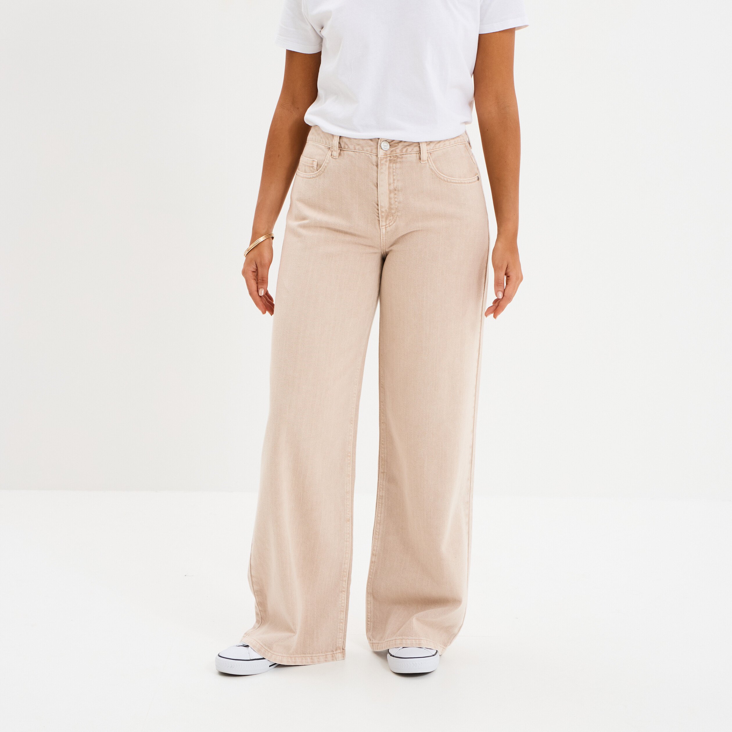 jeans large taille haute coton sable femme Jeans large taille haute coton sable femme