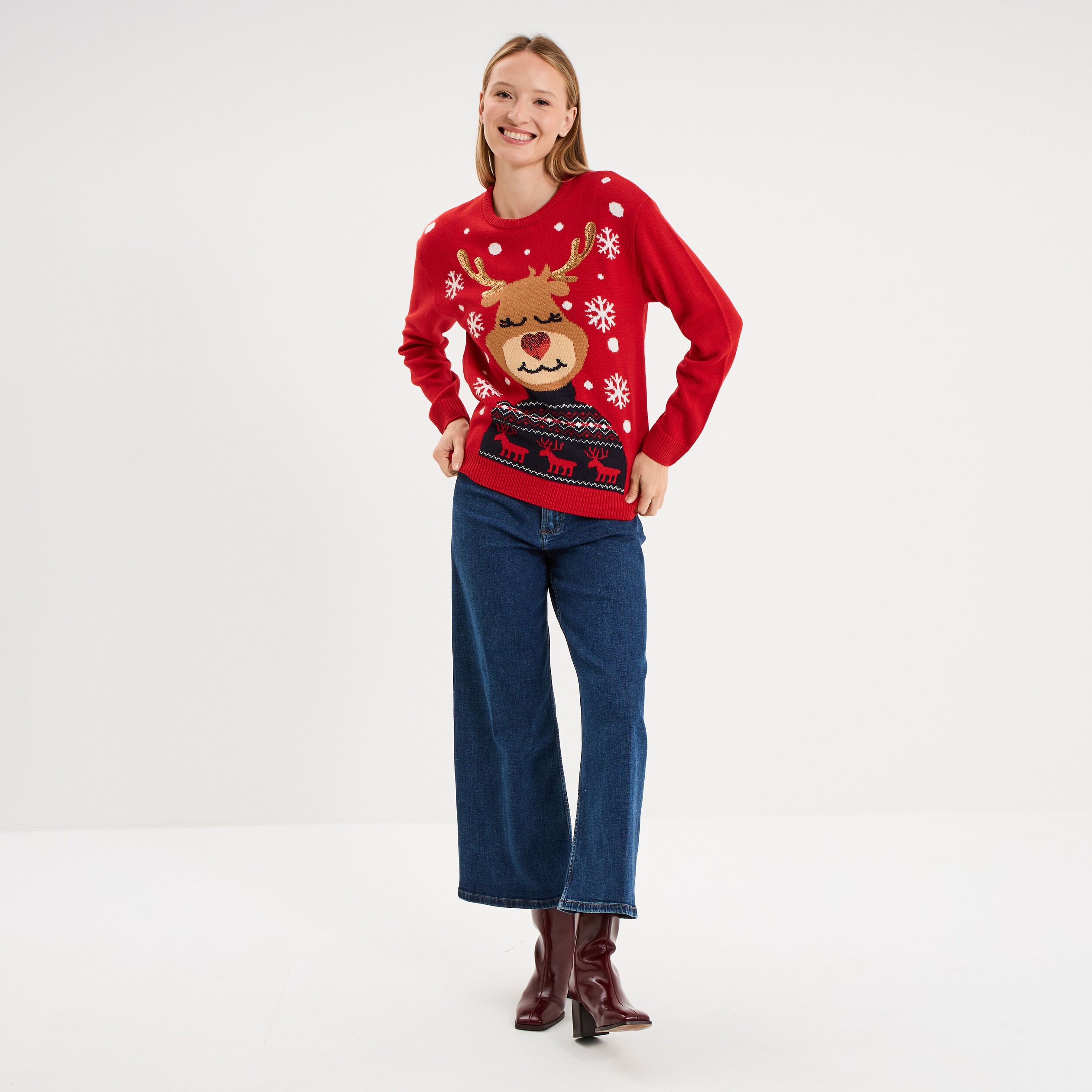 Pull de No&euml;l &agrave; sequins manches longues rouge femme