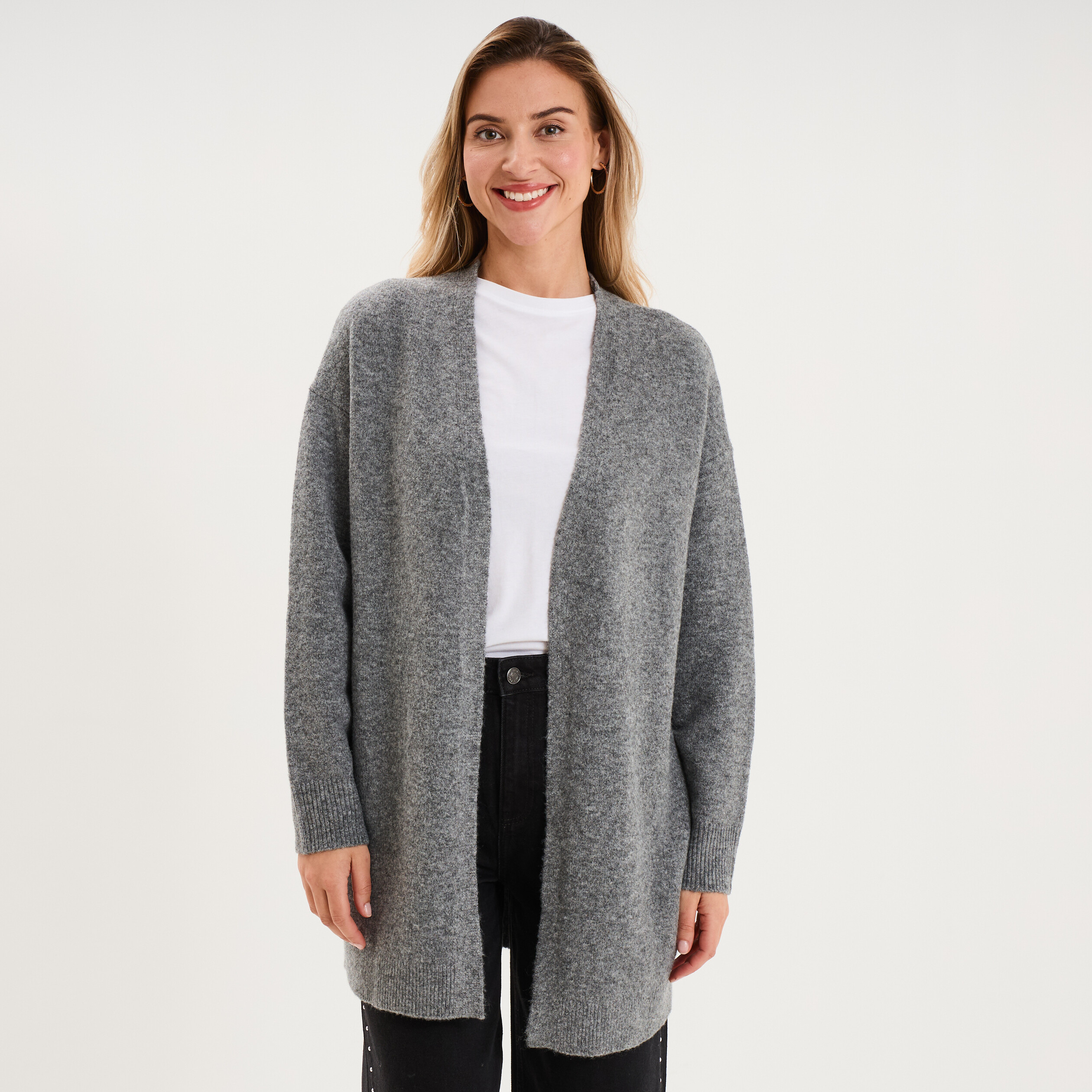 Gilet long ample manches longues gris femme