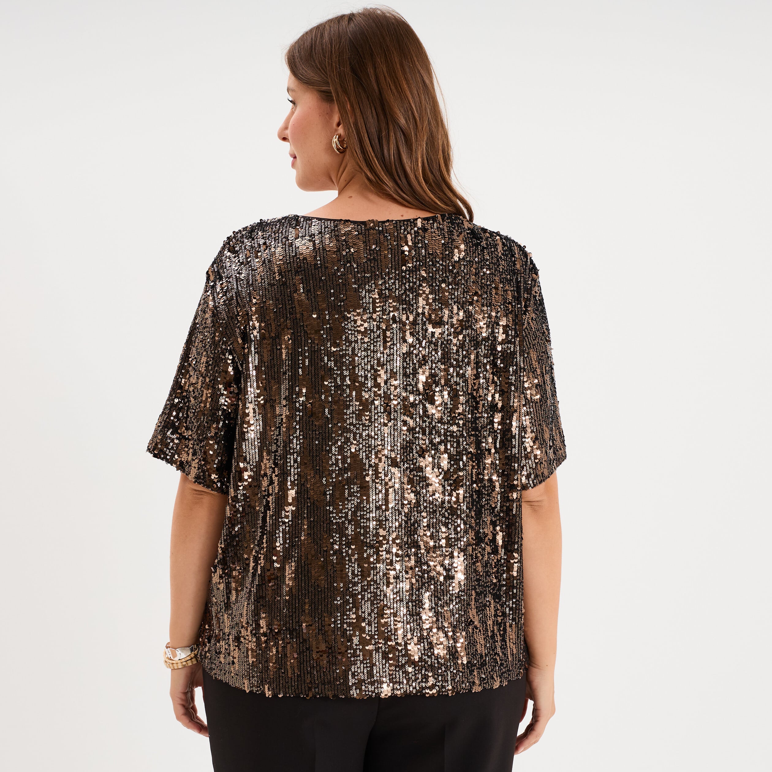 T-shirt sequins manches courtes loose couleur cuivre femme grande taille