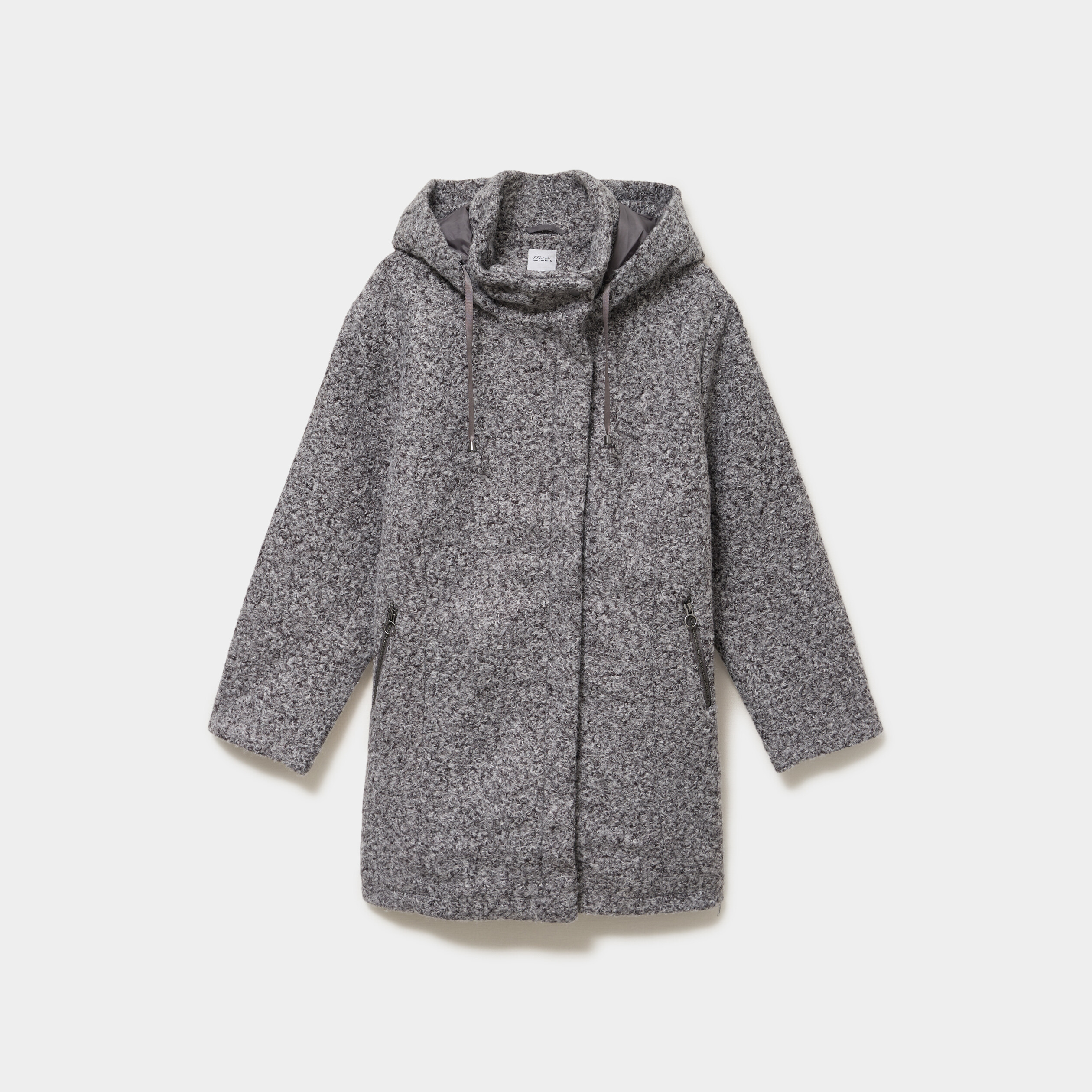 Manteau aspect bouclette &agrave; capuche gris femme grande taille