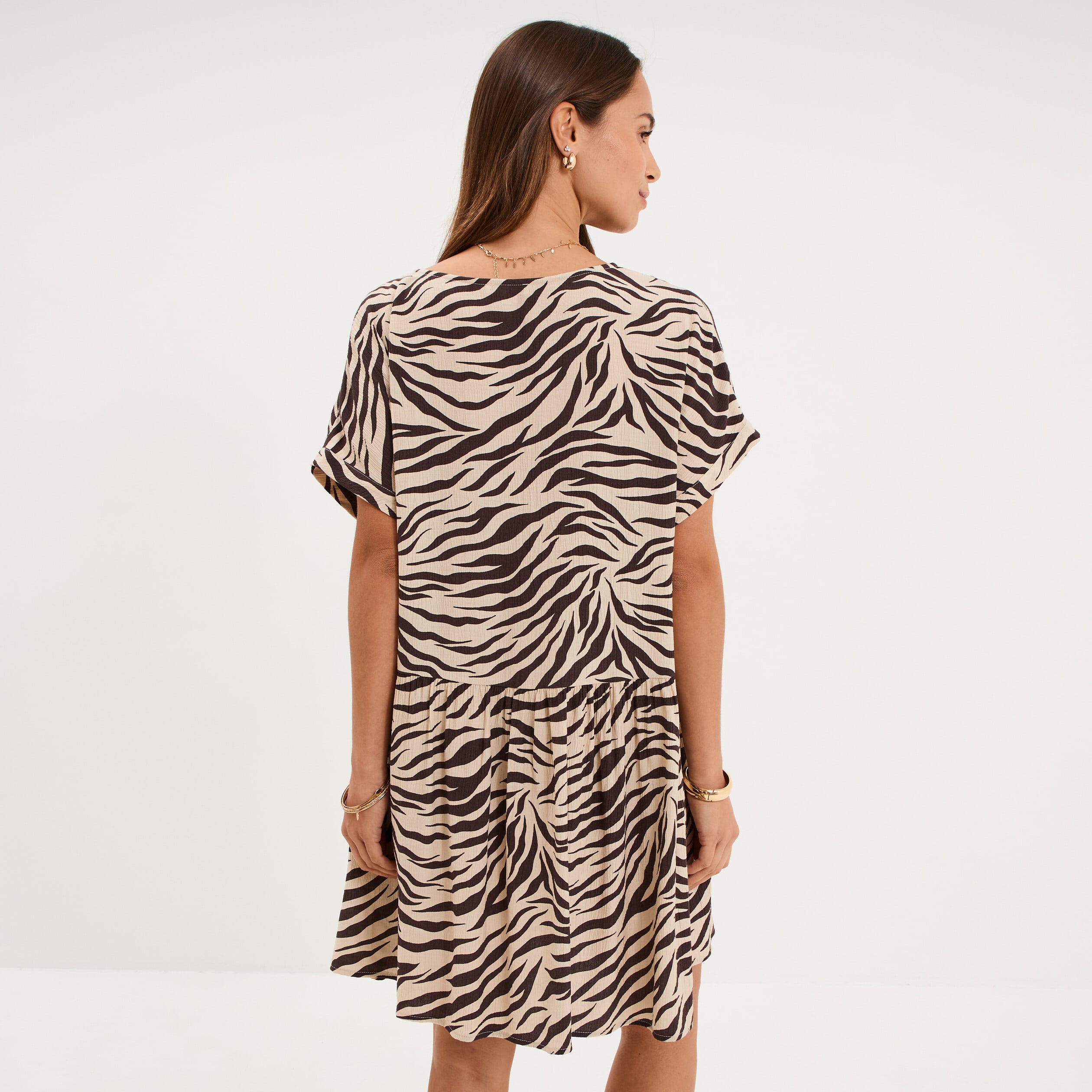 Robe courte fluide manches courtes beige clair femme