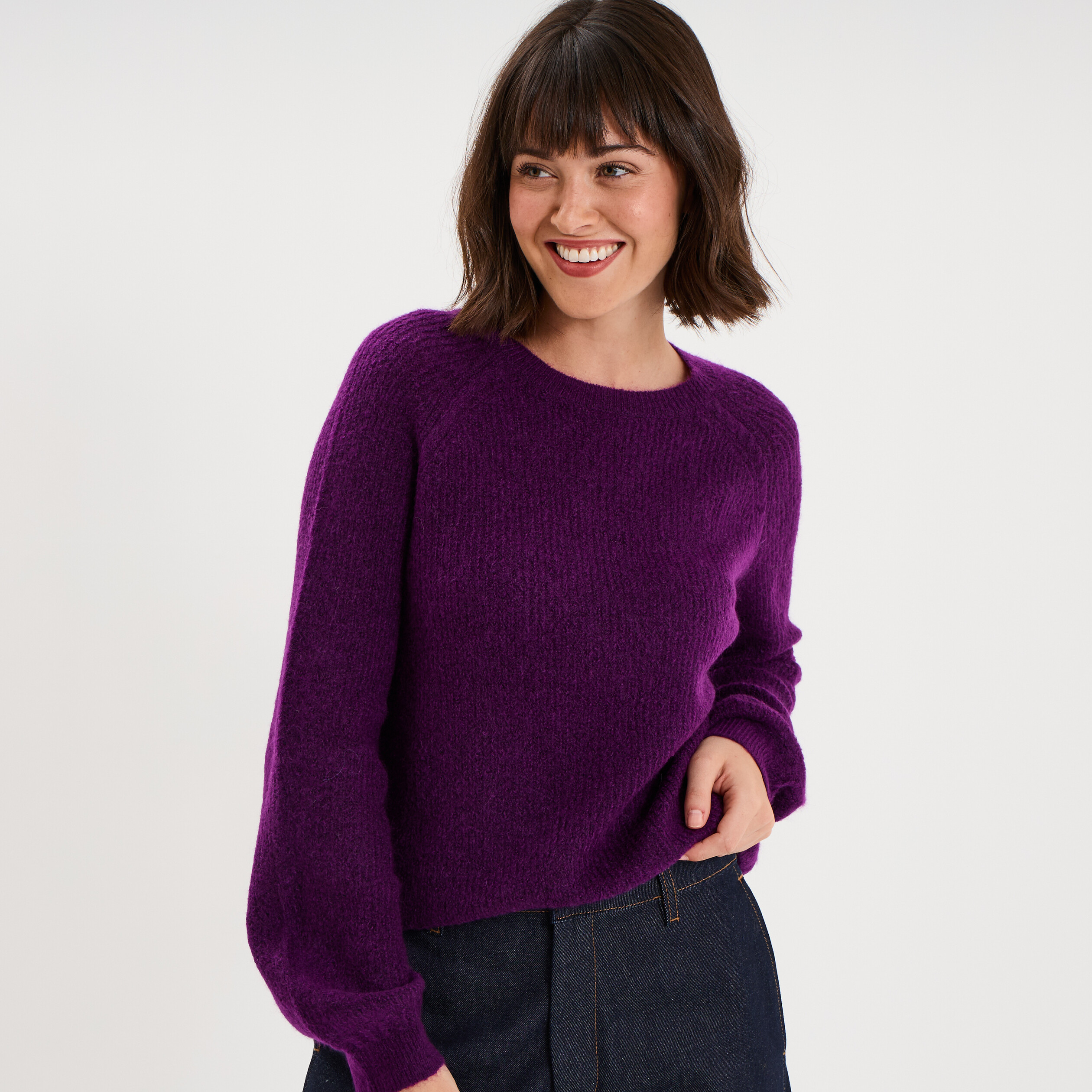 Pull col rond manches longues violet fonc&eacute; femme