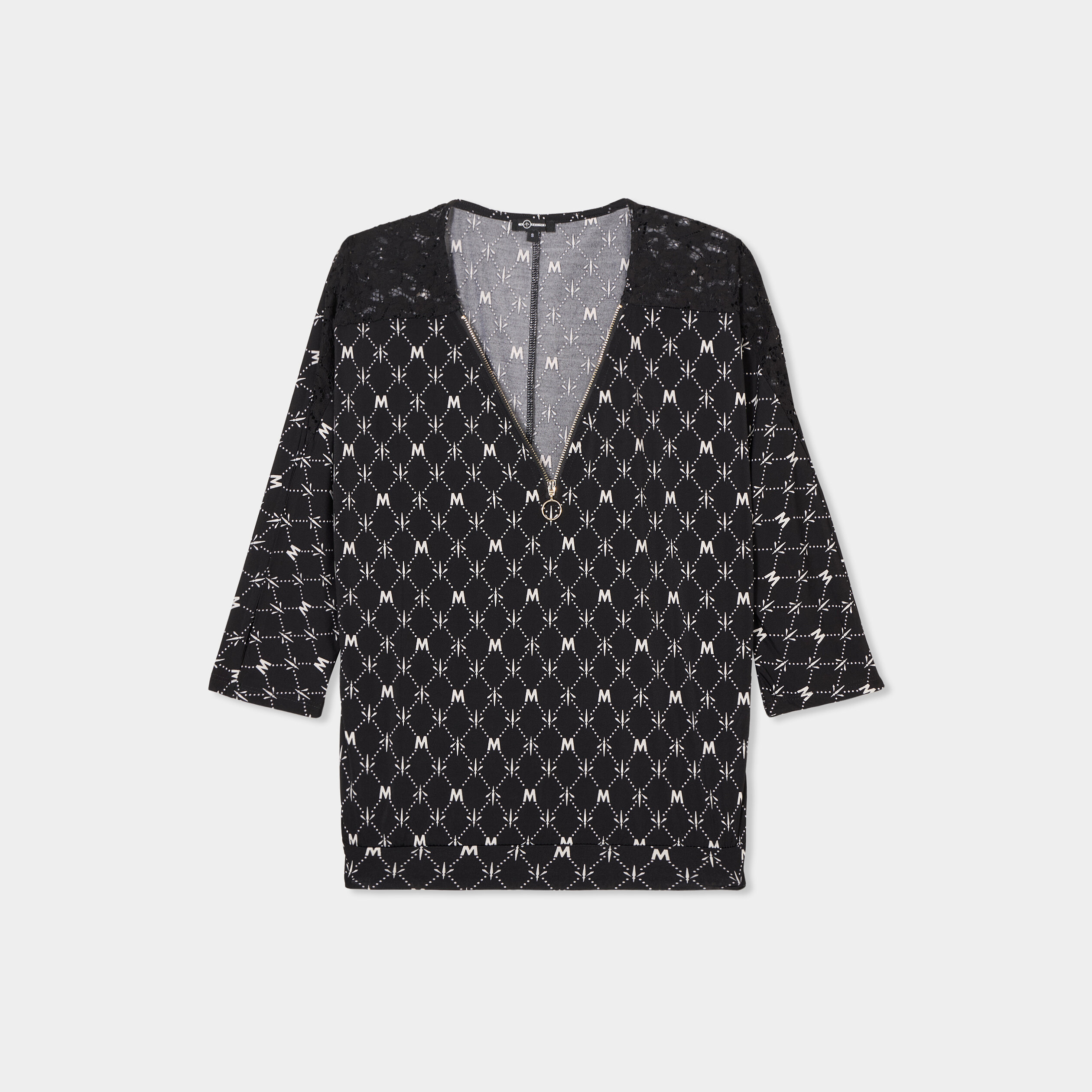 T-shirt col zippé manches 3/4 noir femme