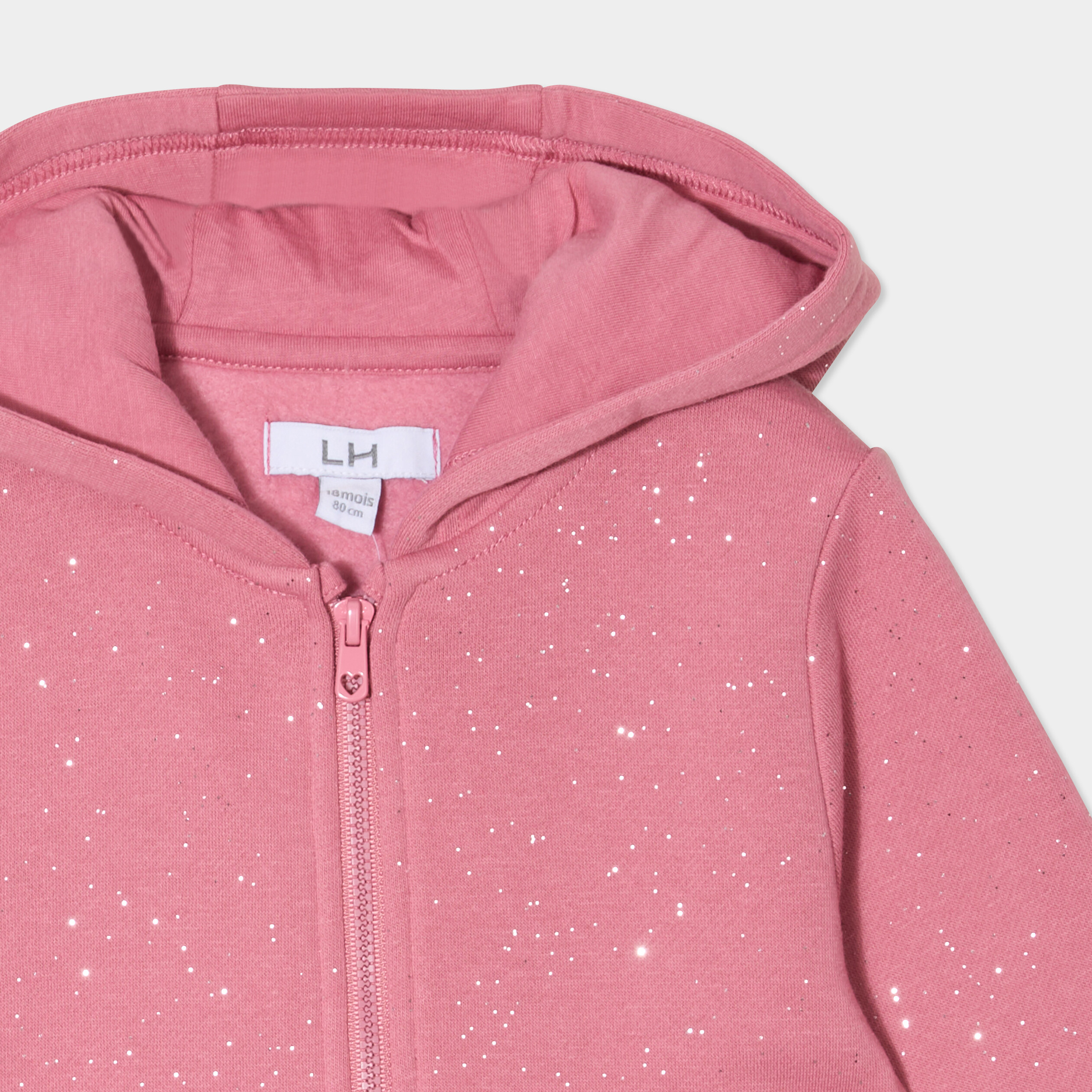 Sweat zipp&eacute; &agrave; capuche molletonn&eacute; vieux rose b&eacute;b&eacute; fille