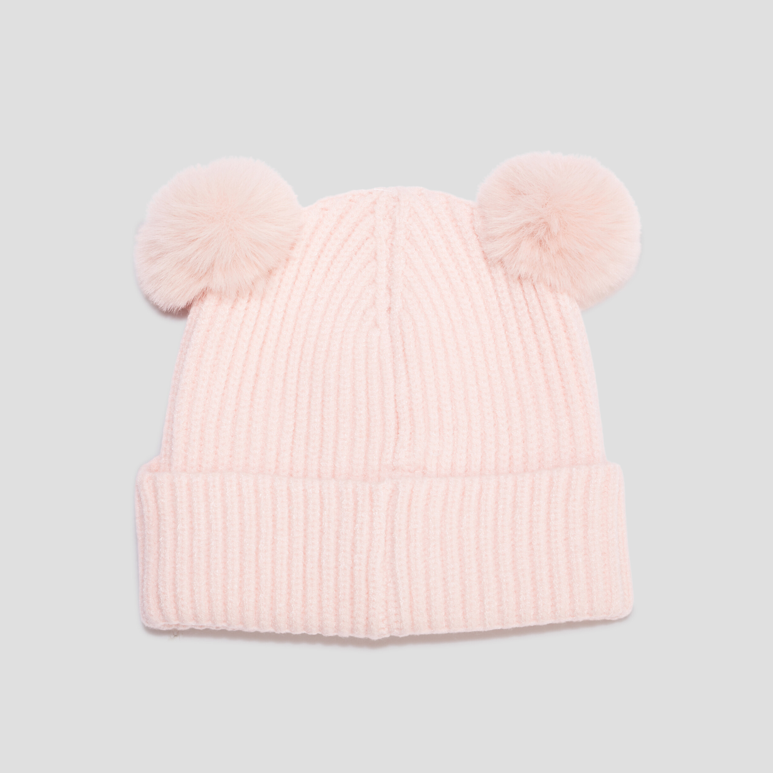Bonnet côtelé à pompons rose fille