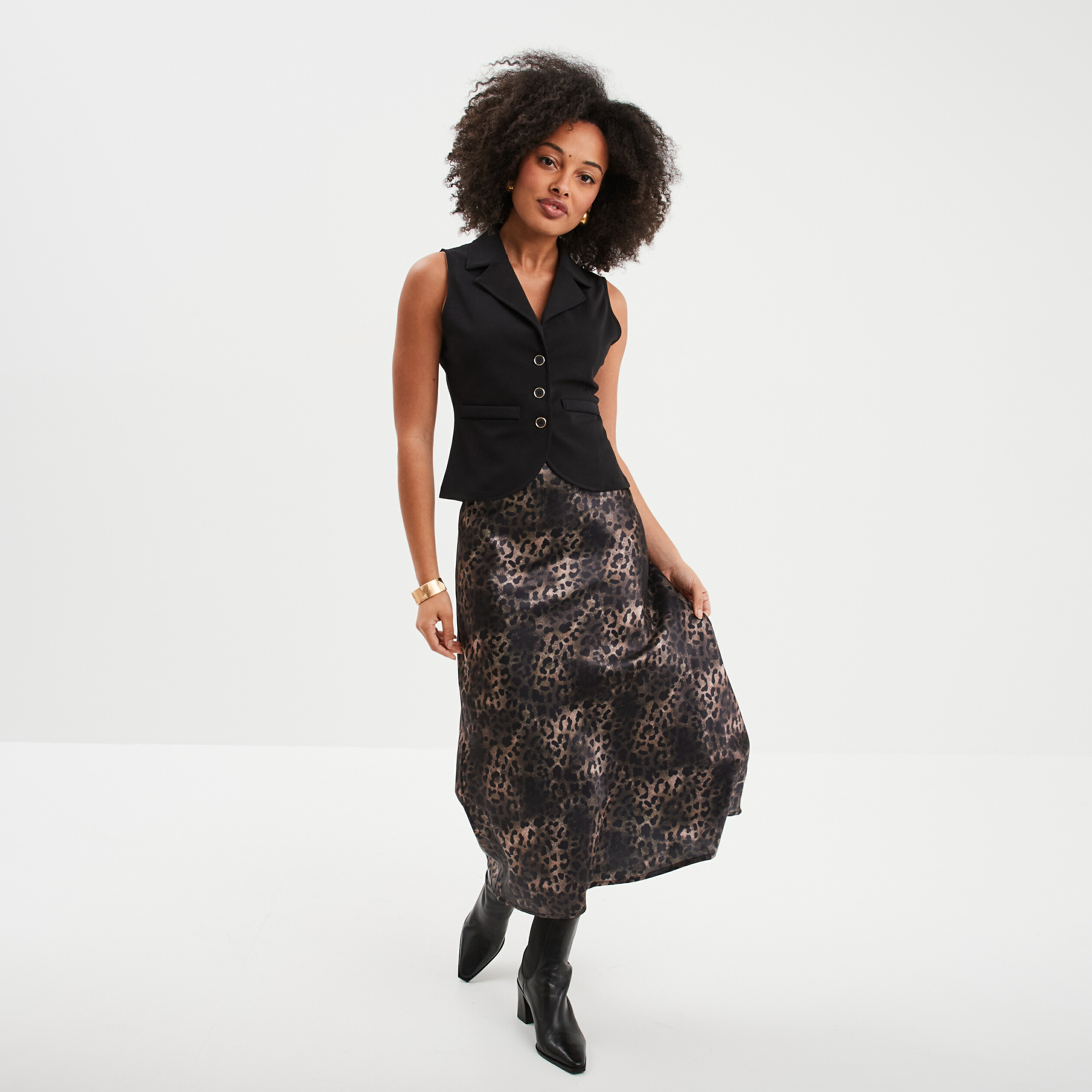 Jupe midi effet satin vert kaki femme