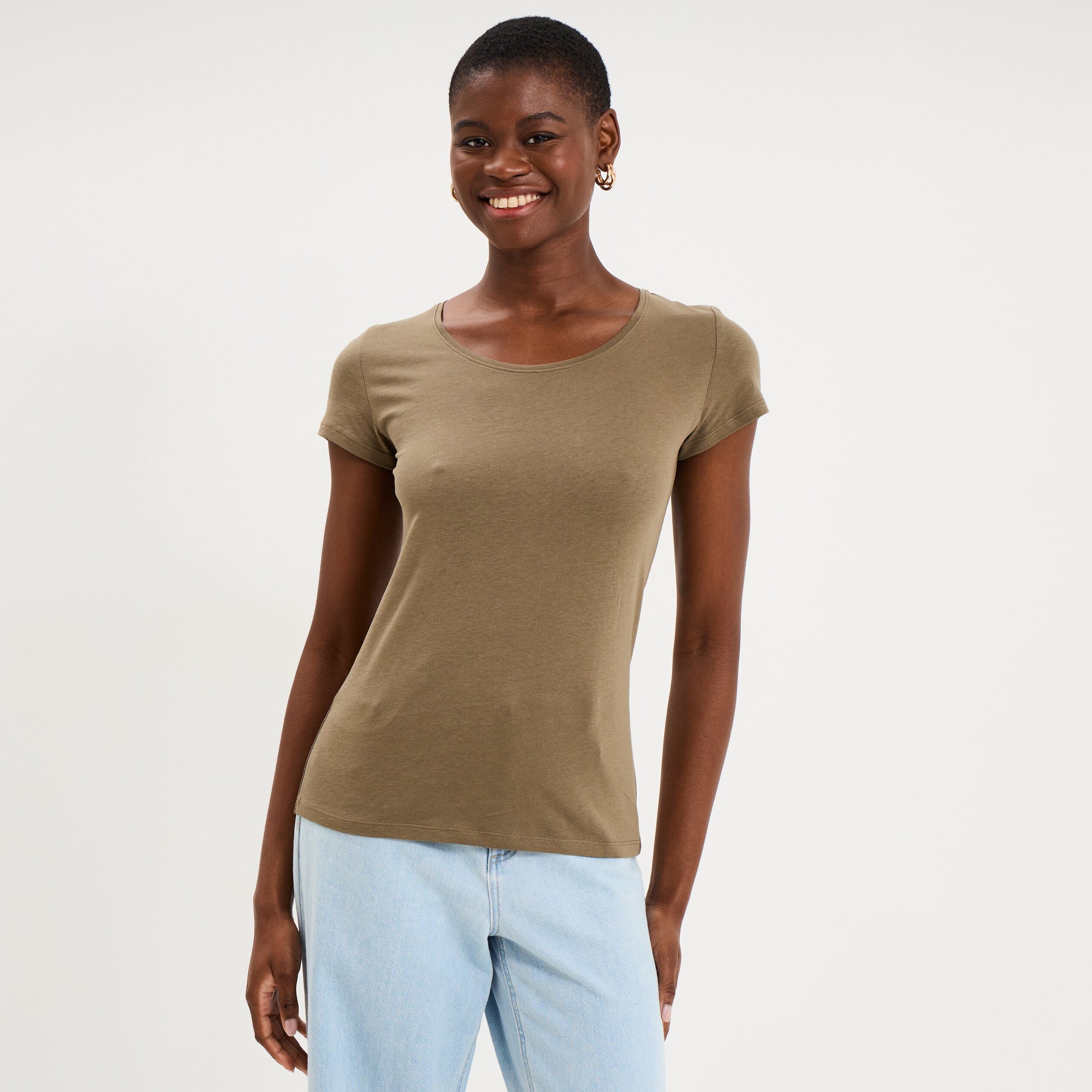 T-shirt coton col rond manches courtes vert kaki femme