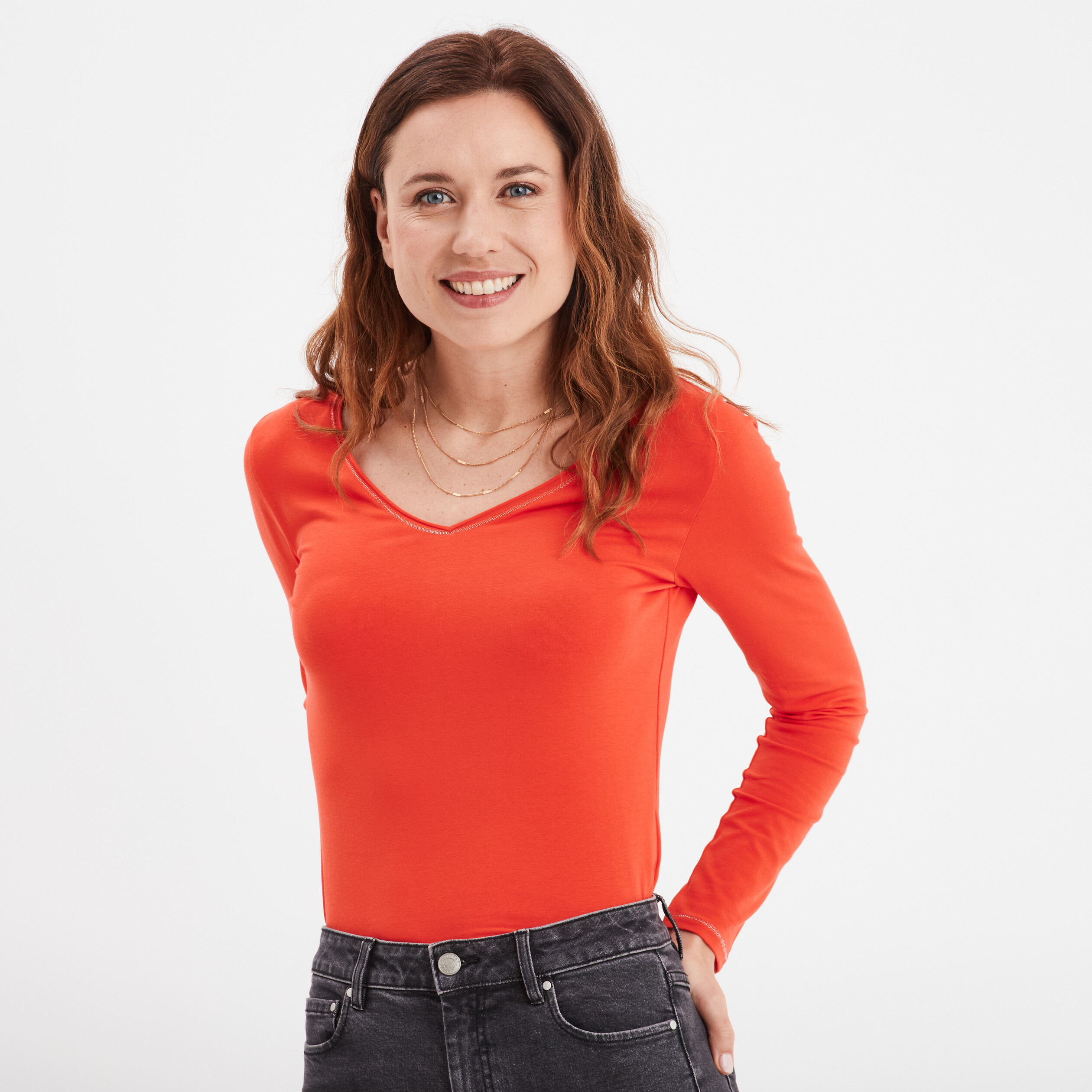 t shirt manches longues col en v coton orange femme T-shirt manches longues col en V coton orange femme