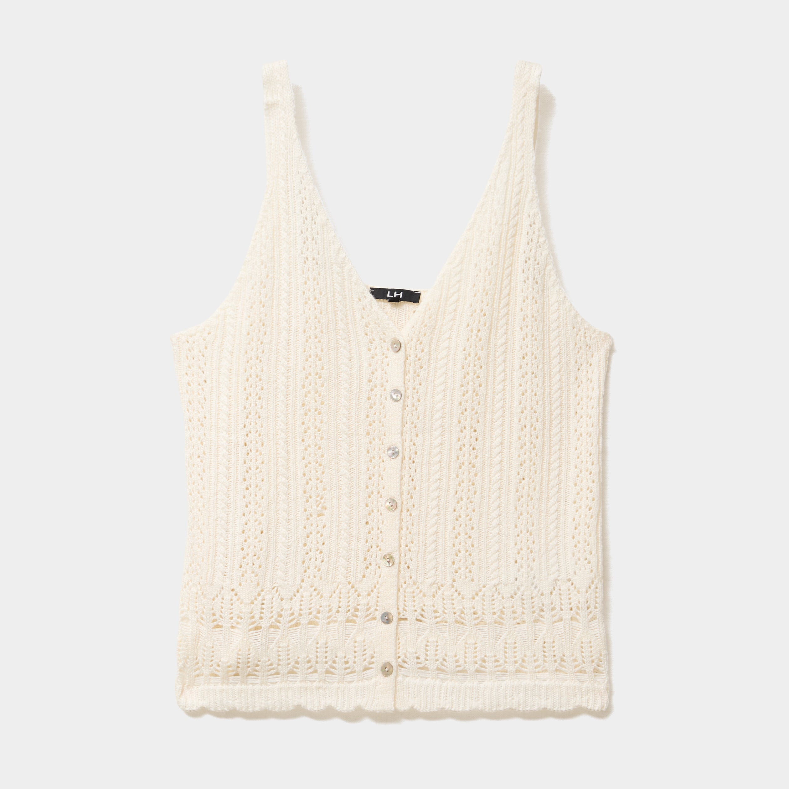 D&eacute;bardeur en maille crochet avec boutons ecru femme