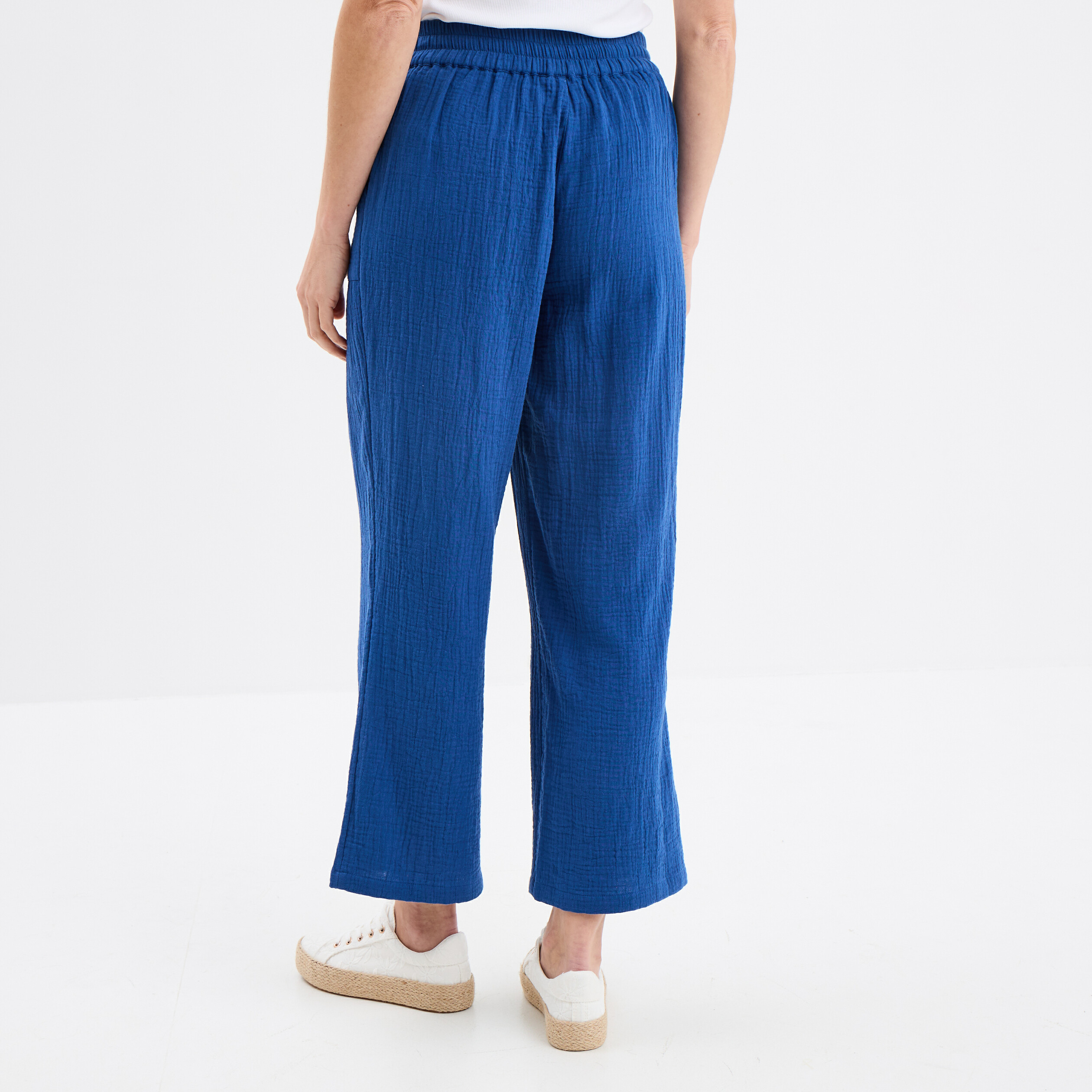 Pantalon fluide &eacute;lastiqu&eacute; gaze de coton bleu marine femme