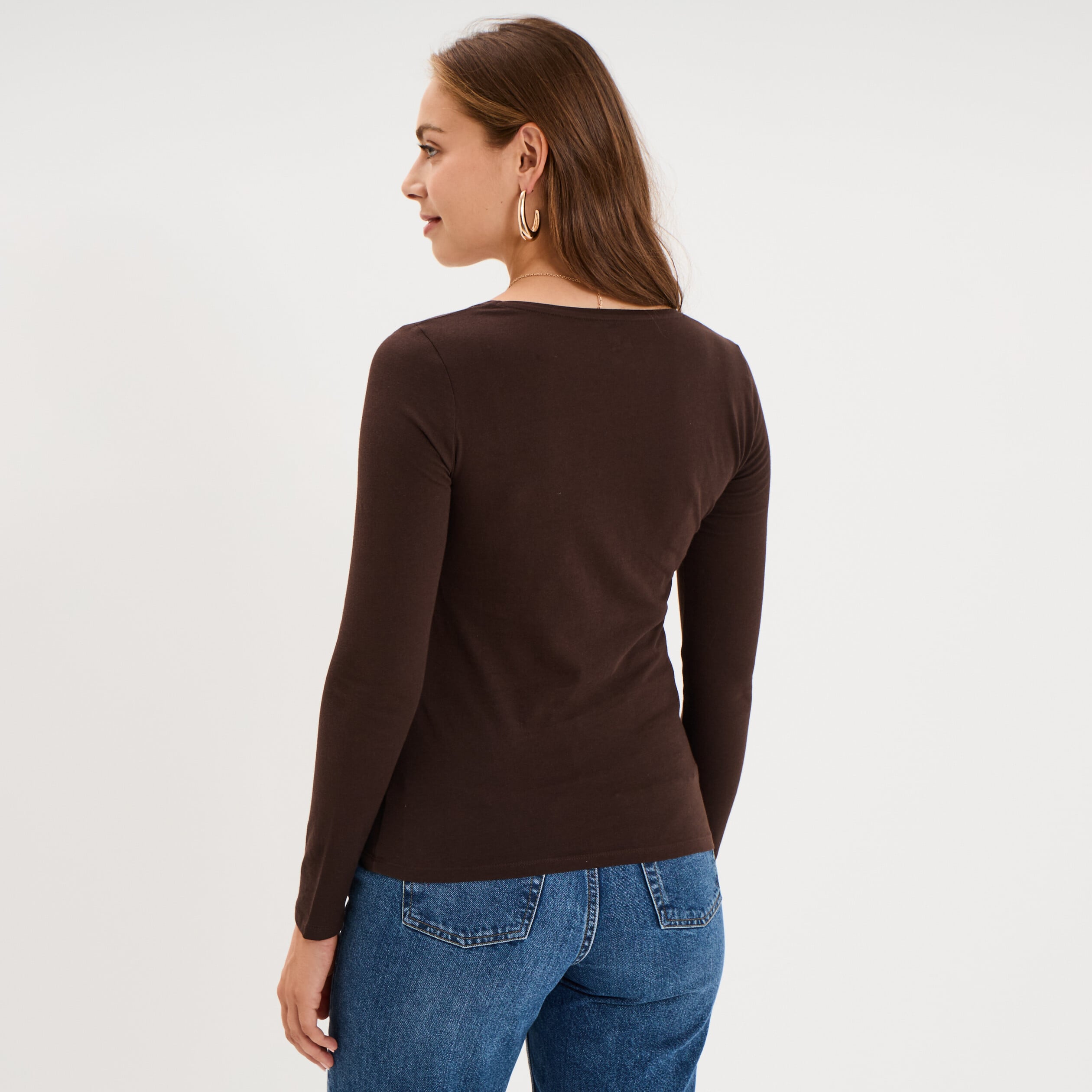 T-shirt coton col rond manches longues marron fonc&eacute; femme