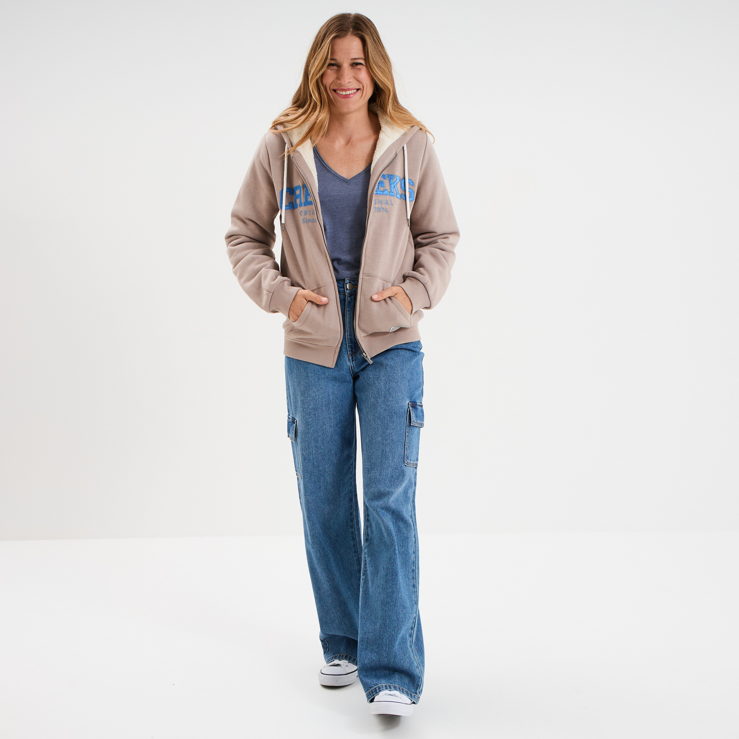 Sweat &agrave; capuche doublure effet sherpa beige femme