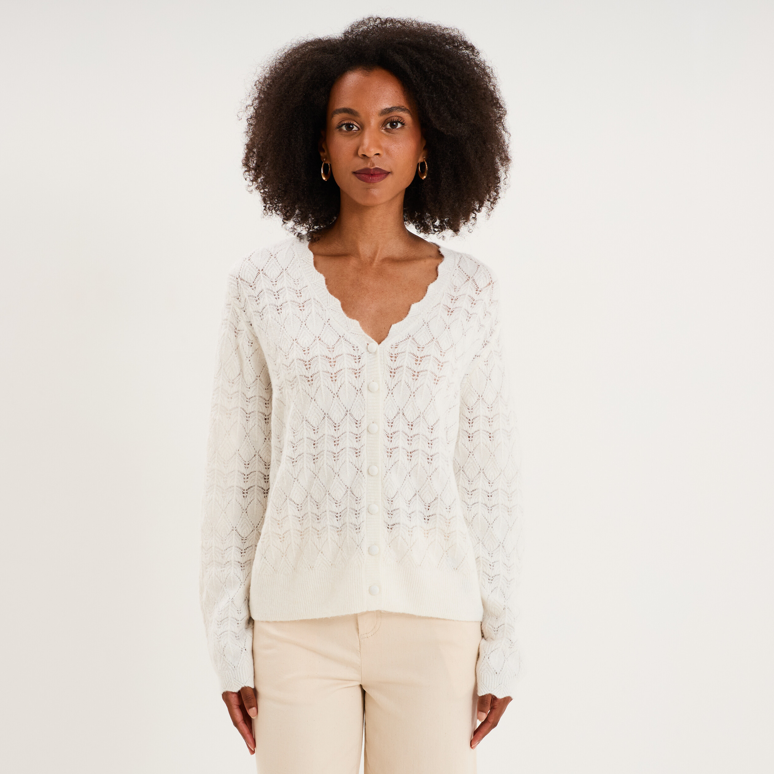 Gilet col V maille ajour&eacute;e boutonn&eacute; blanc femme