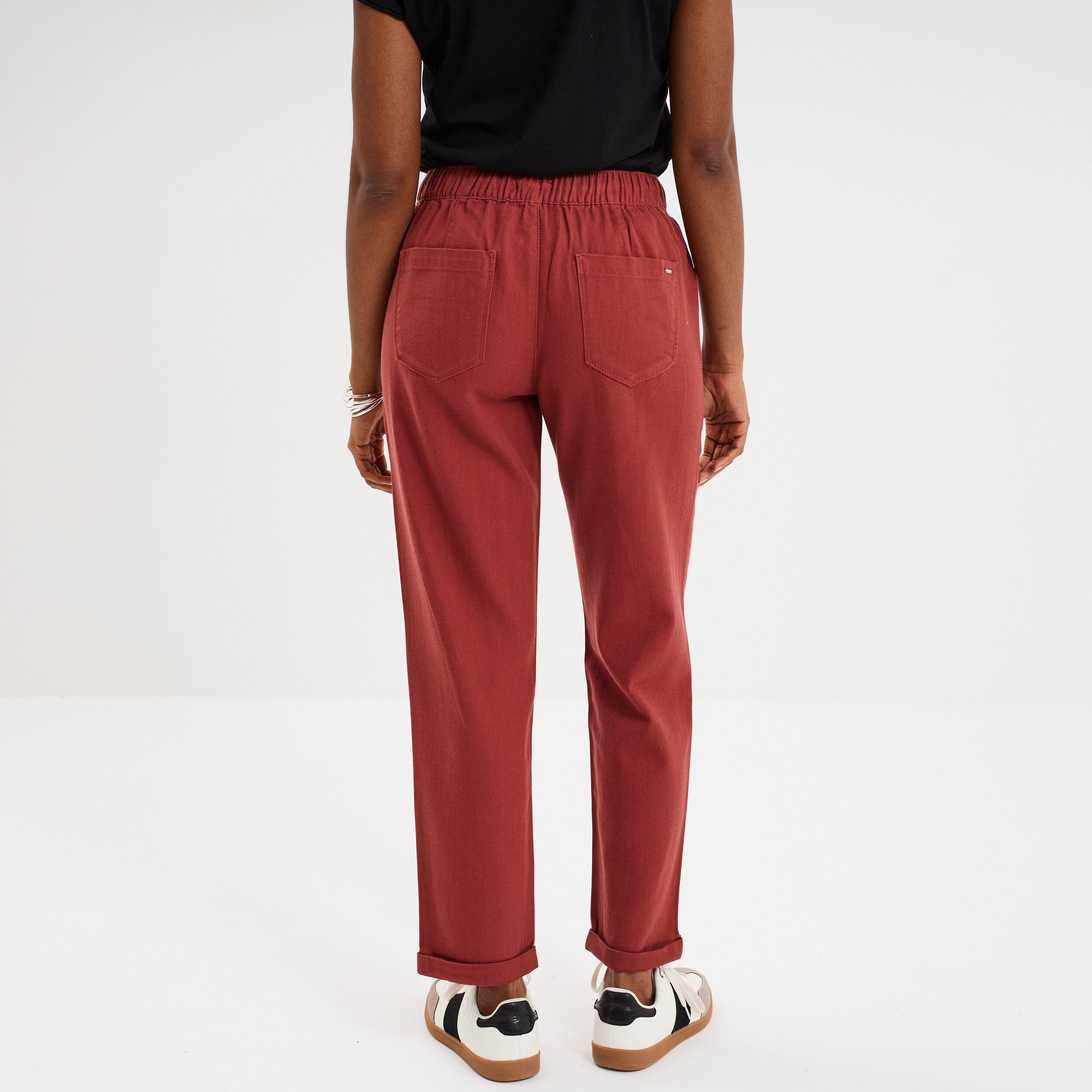 Pantalon droit taille élastiquée rouge foncé femme