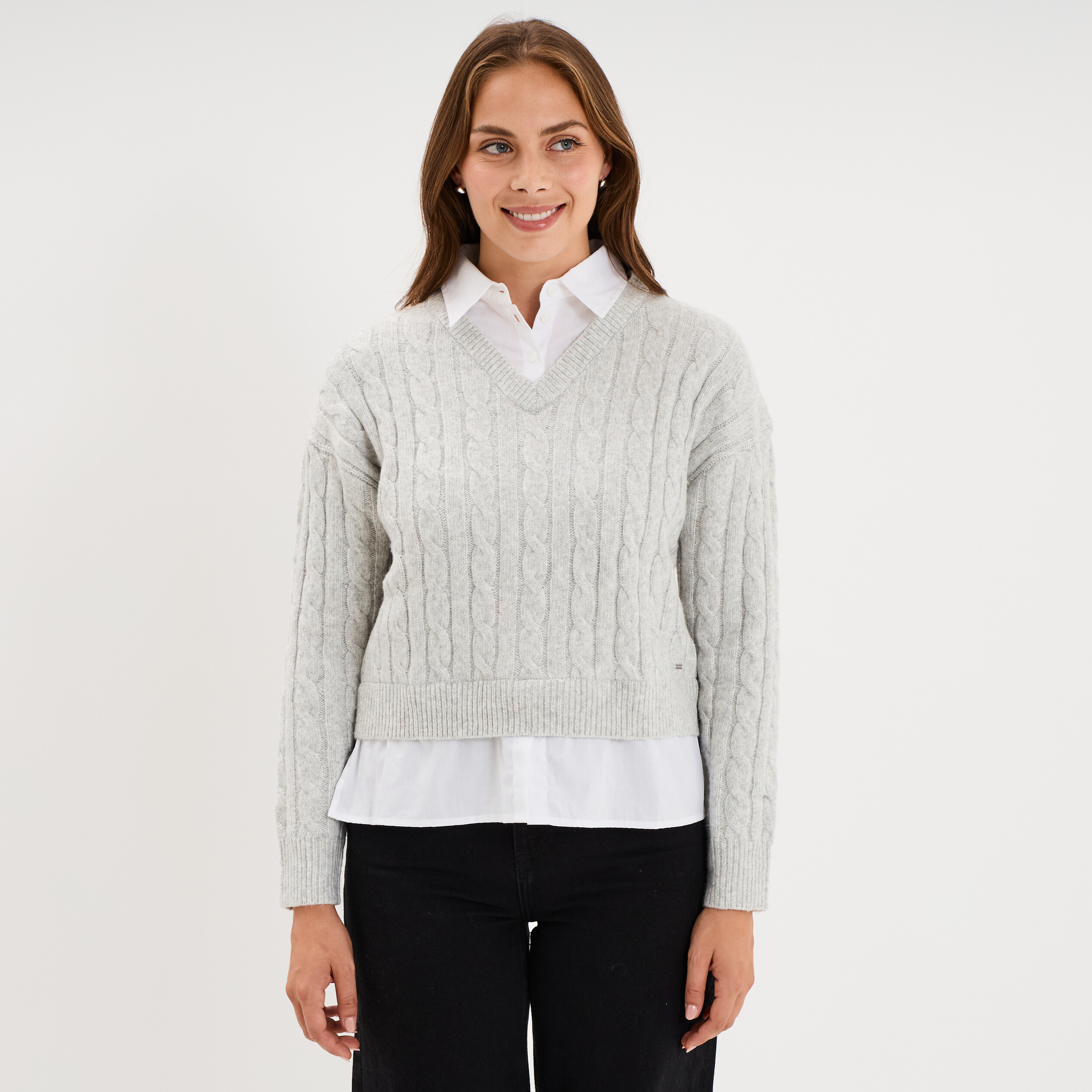 Pull torsades effet 2-en-1 chemise gris clair femme