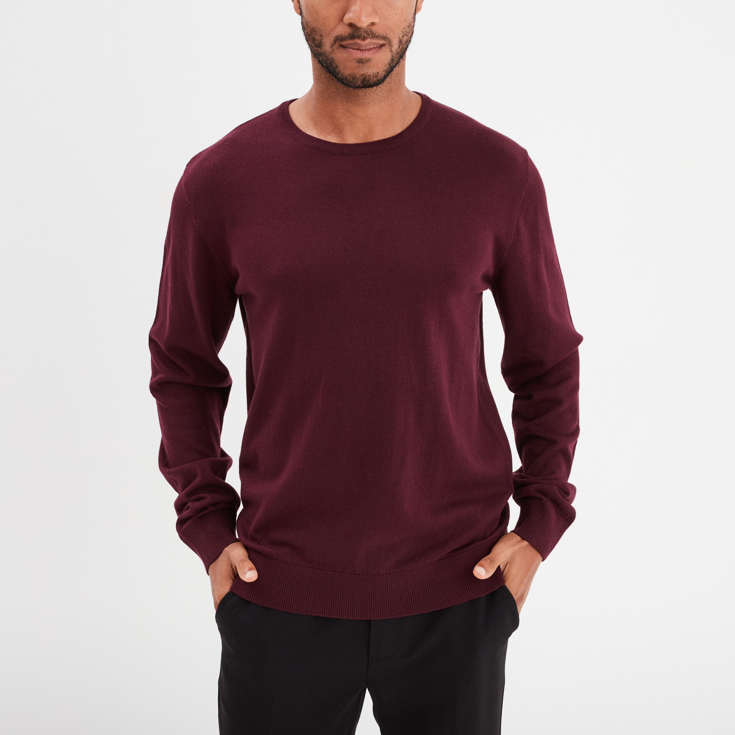 pull droit col rond coton melange bordeaux homme Pull droit col rond coton mélangé bordeaux homme