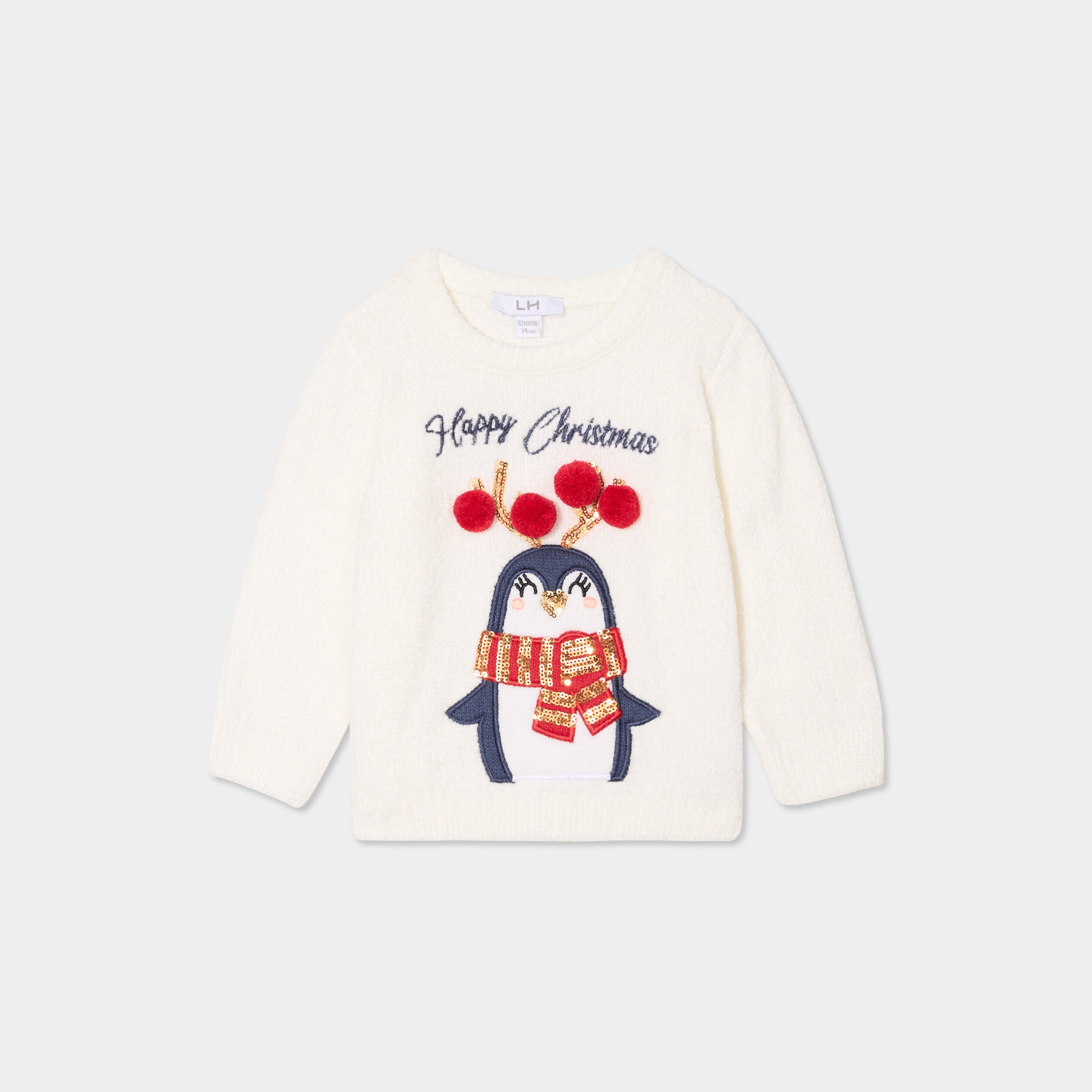 Pull No&euml;l sequins et pompons blanc b&eacute;b&eacute; fille