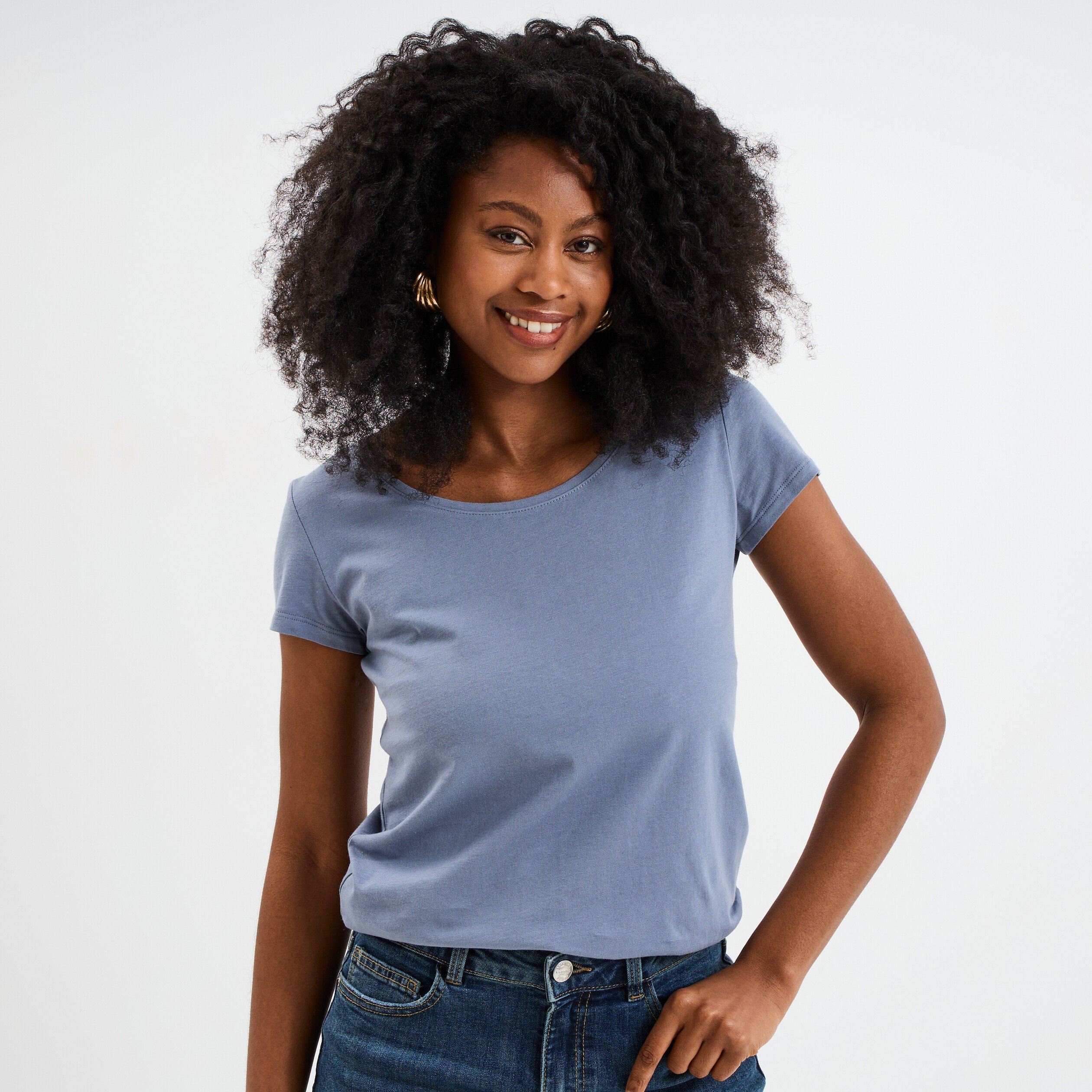 t shirt coton col rond manches courtes bleu gris femme T-shirt coton col rond manches courtes bleu gris femme