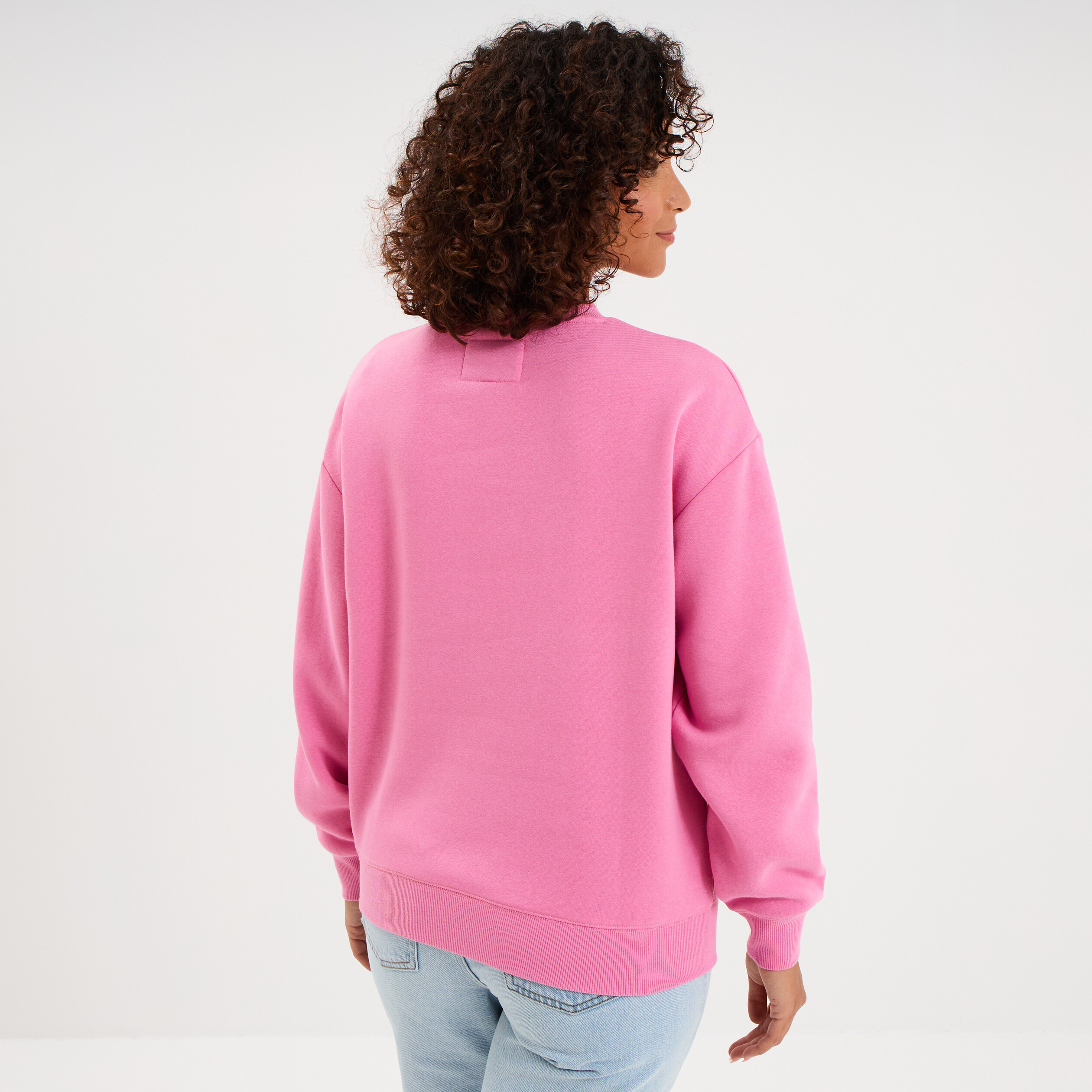 Sweat molleton col rond manches longues rose vif femme