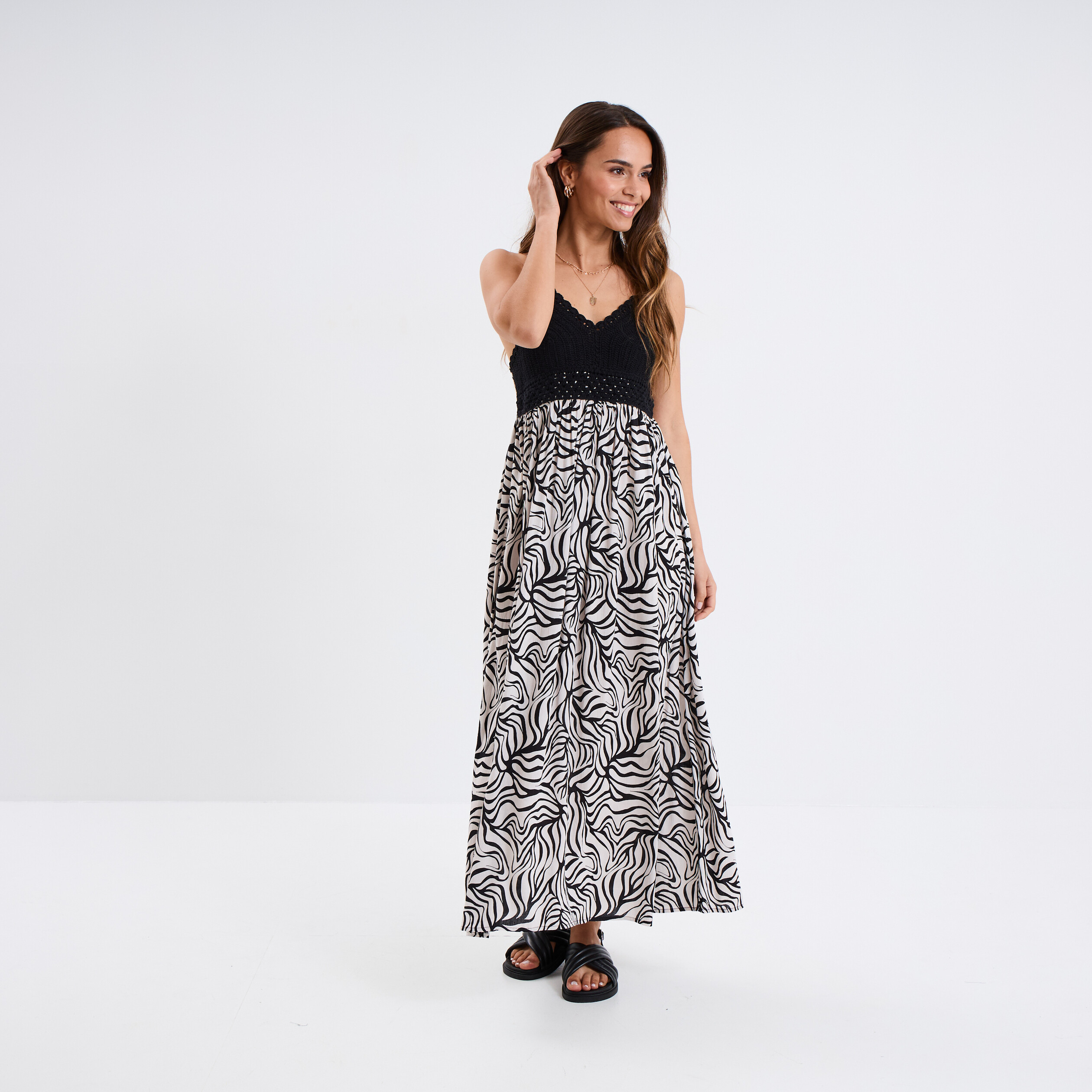 robe longue col en v haut effet crochet ecru femme Robe longue col en V haut effet crochet ecru femme