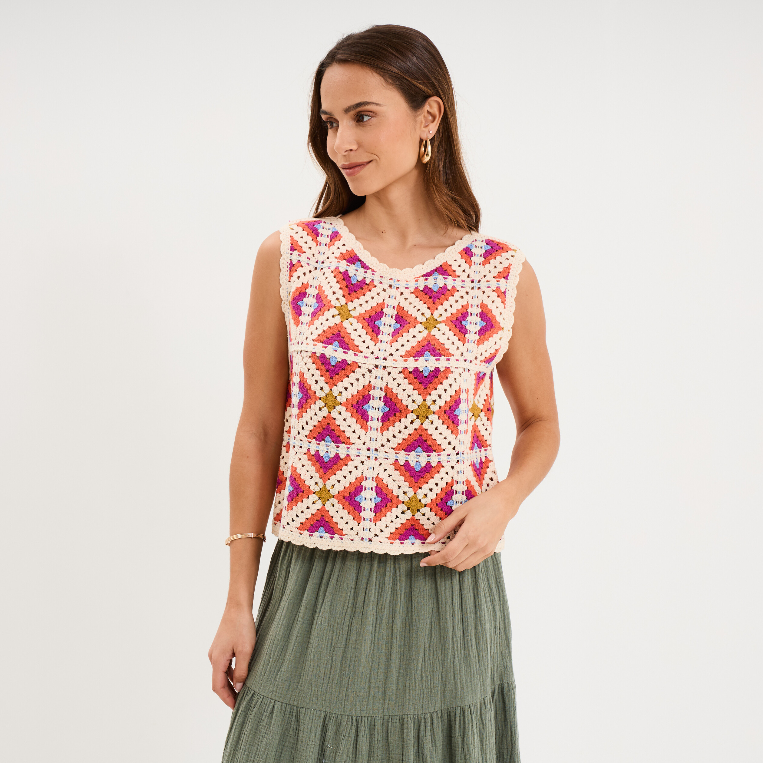 D&eacute;bardeur sans manches effet crochet multicolore femme
