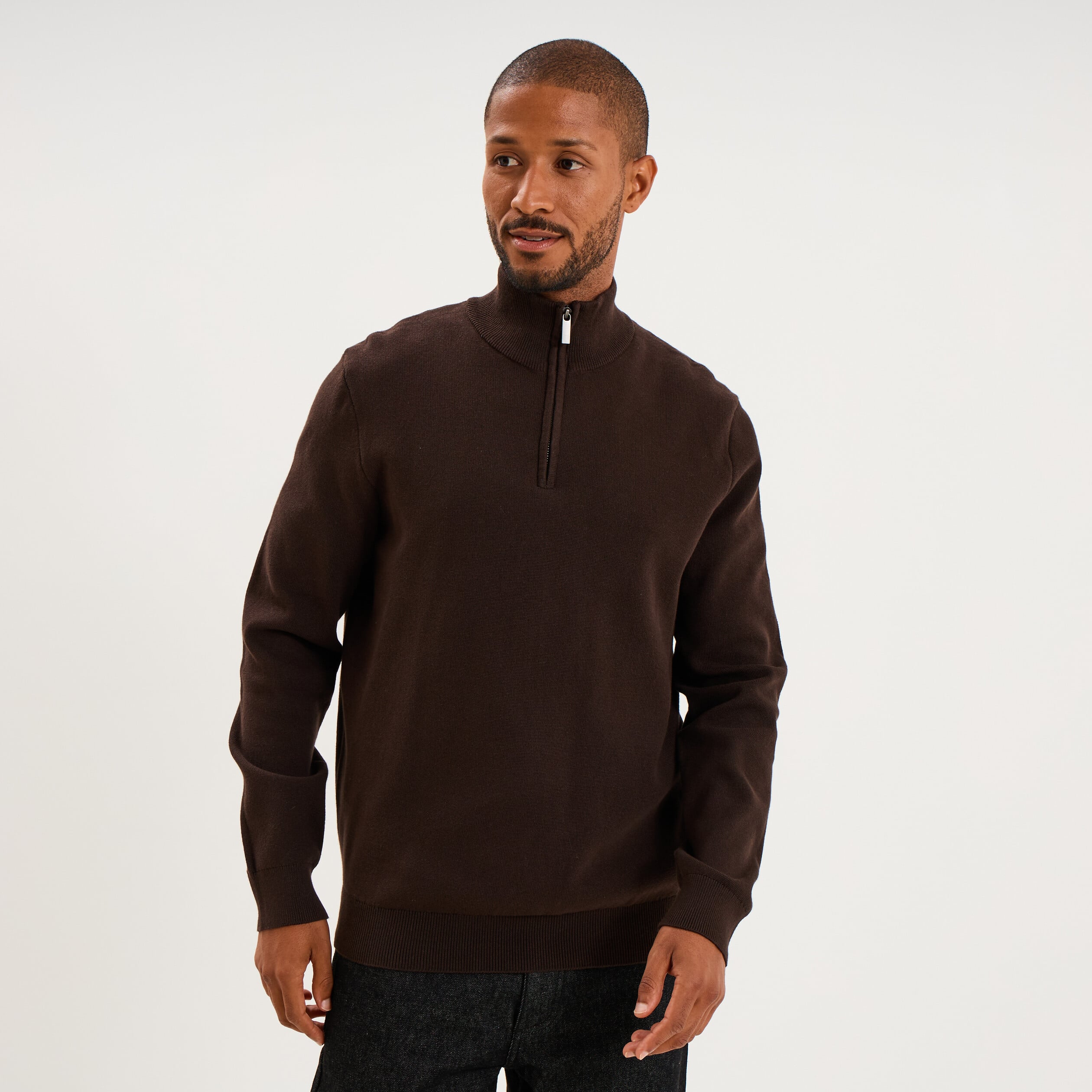 Pull camionneur manches longues marron fonc&eacute; homme
