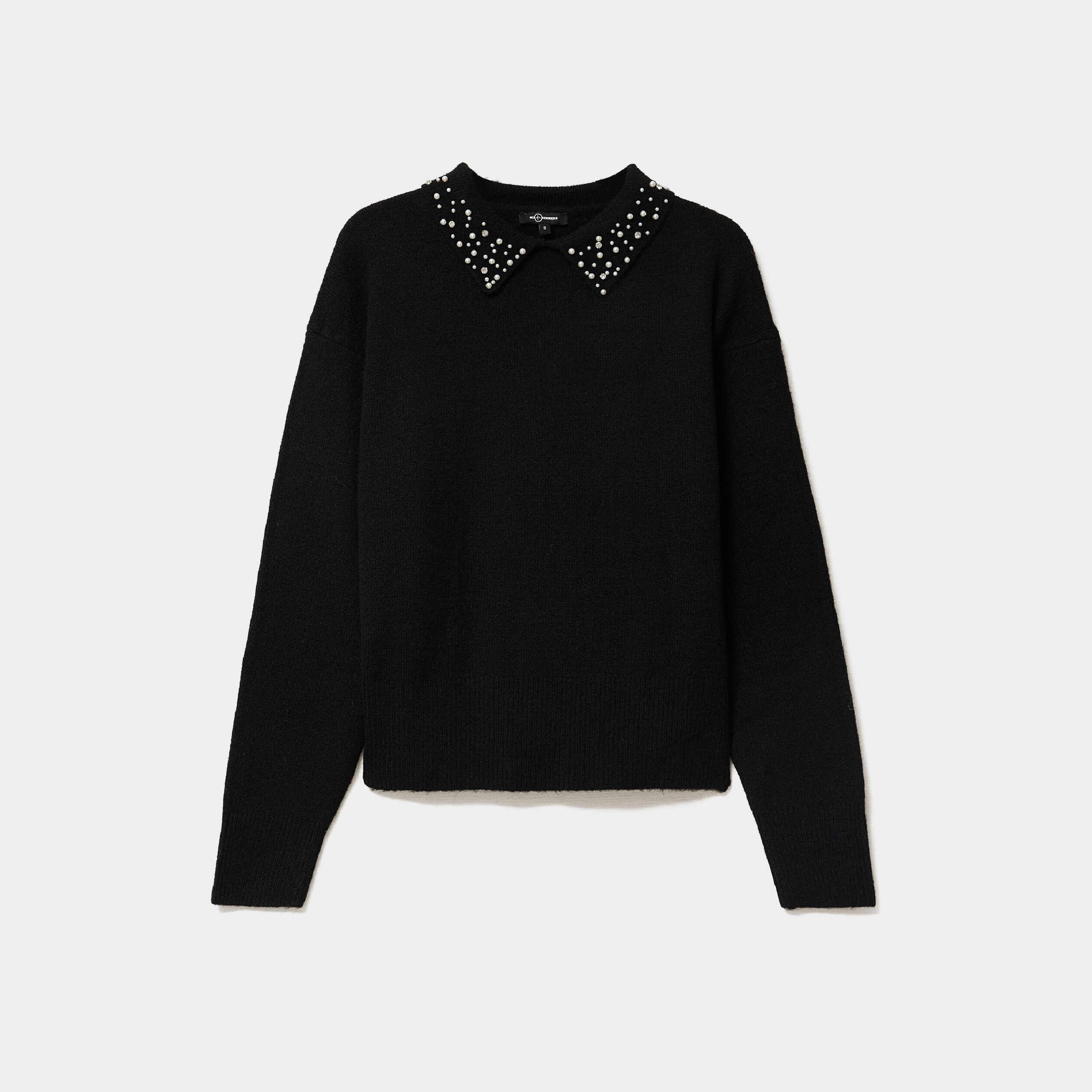 Pull col chemise strass et perles noir femme La Halle