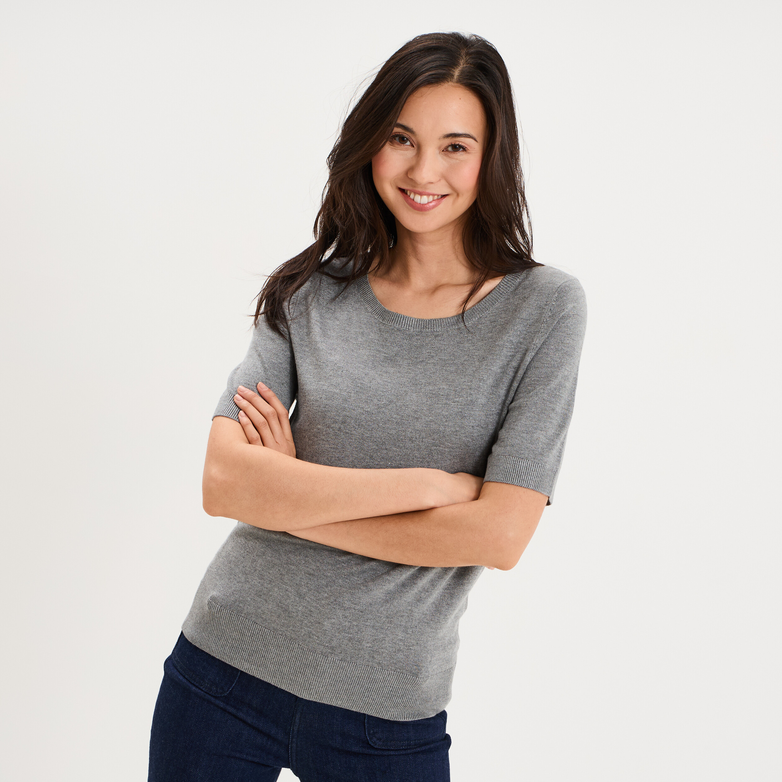 Pull manches courtes col rond gris femme