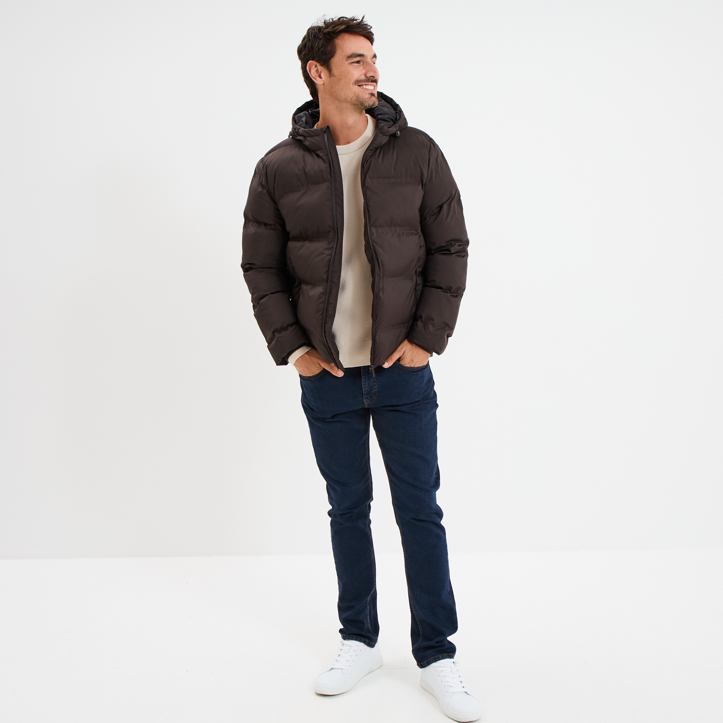 Pull col rond manches longues beige homme