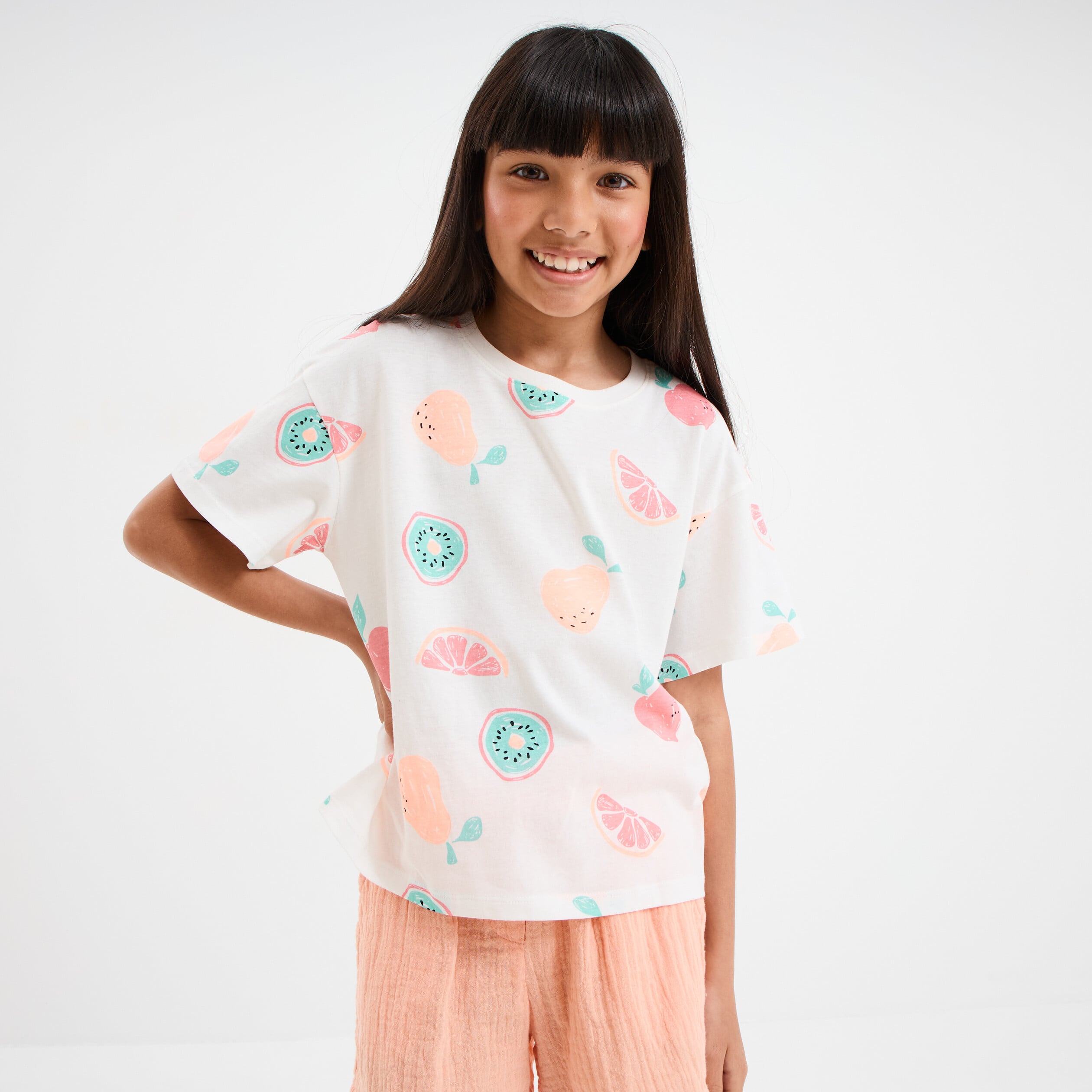 T-shirt col rond manches courtes coton ecru fille
