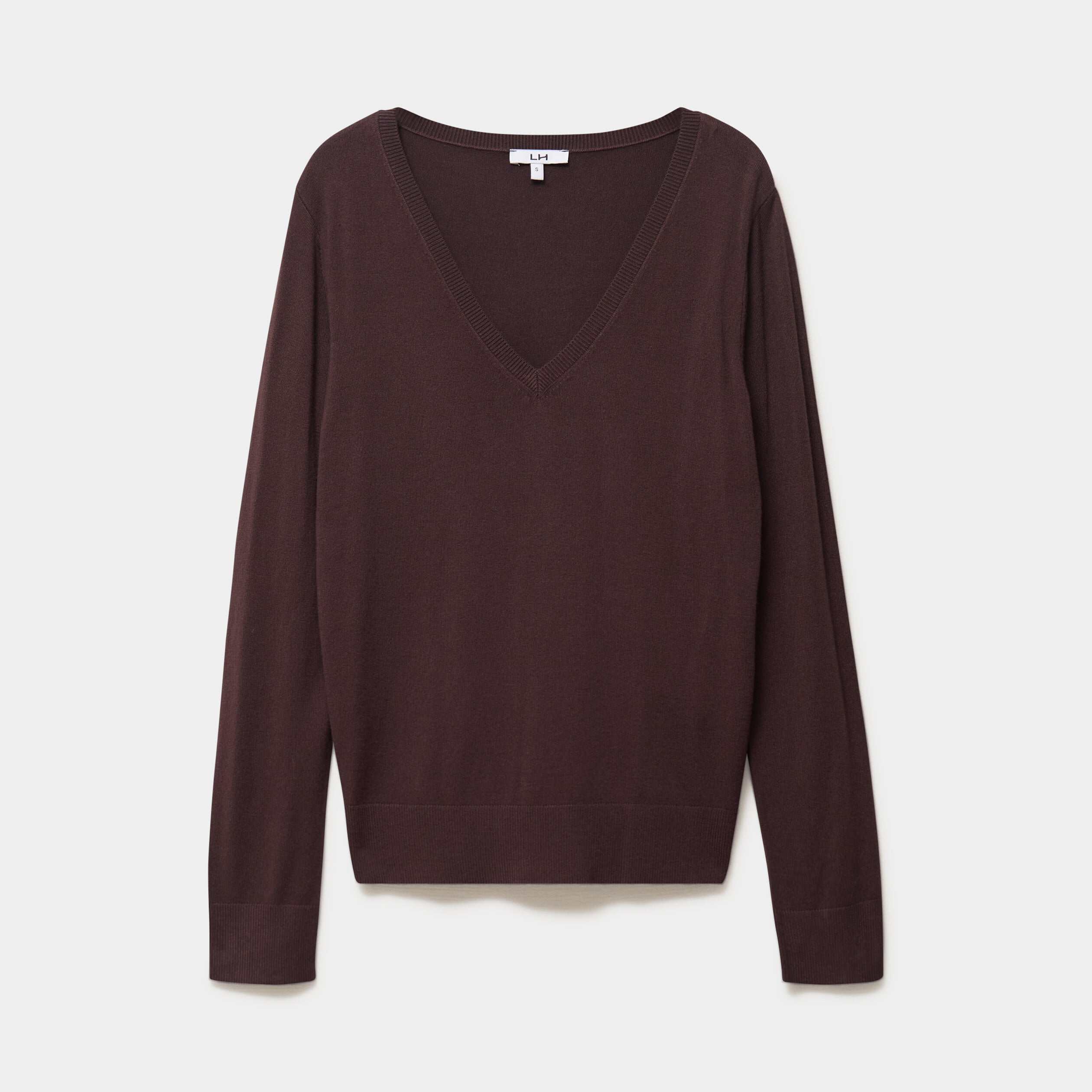 Pull col en V manches longues marron fonc&eacute; femme