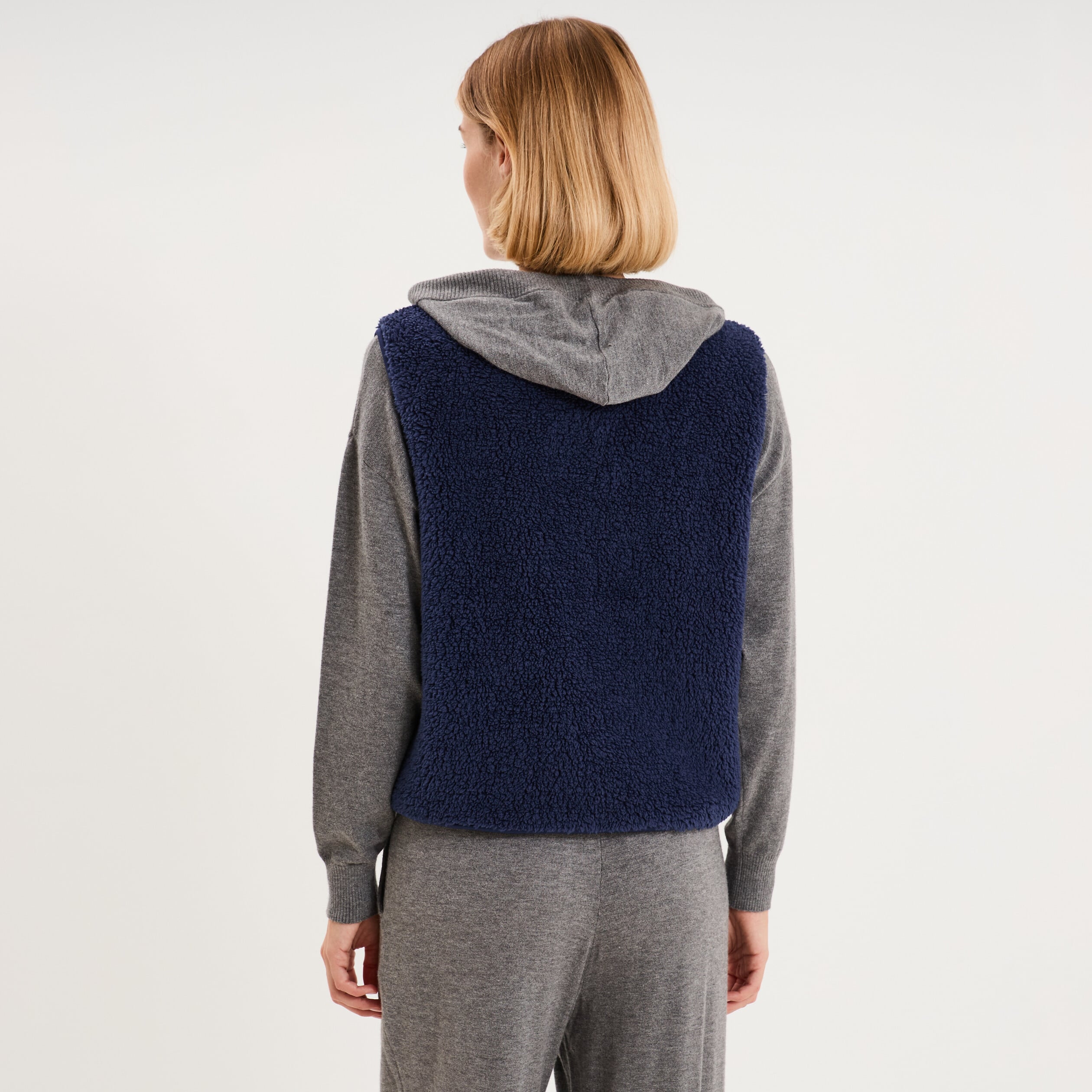 Gilet sans manches effet sherpa zipp&eacute; bleu marine femme