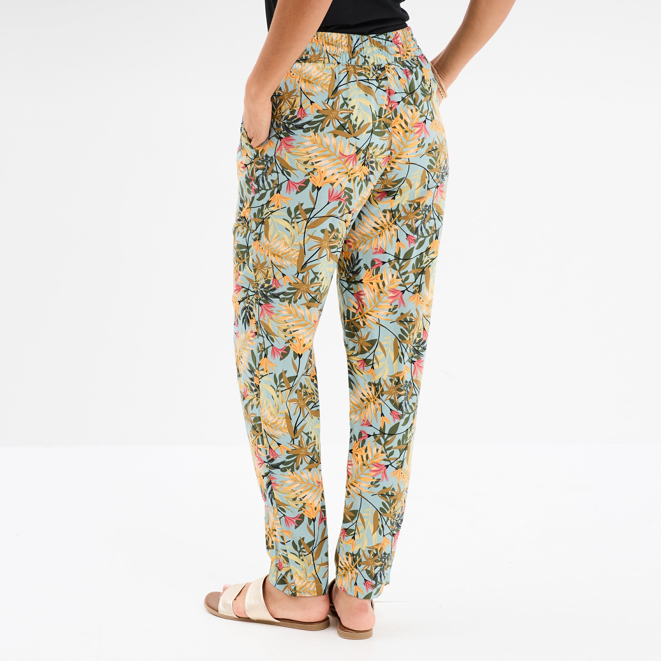 Pantalon cigarette fluide &agrave; ceinture vert &eacute;meraude femme
