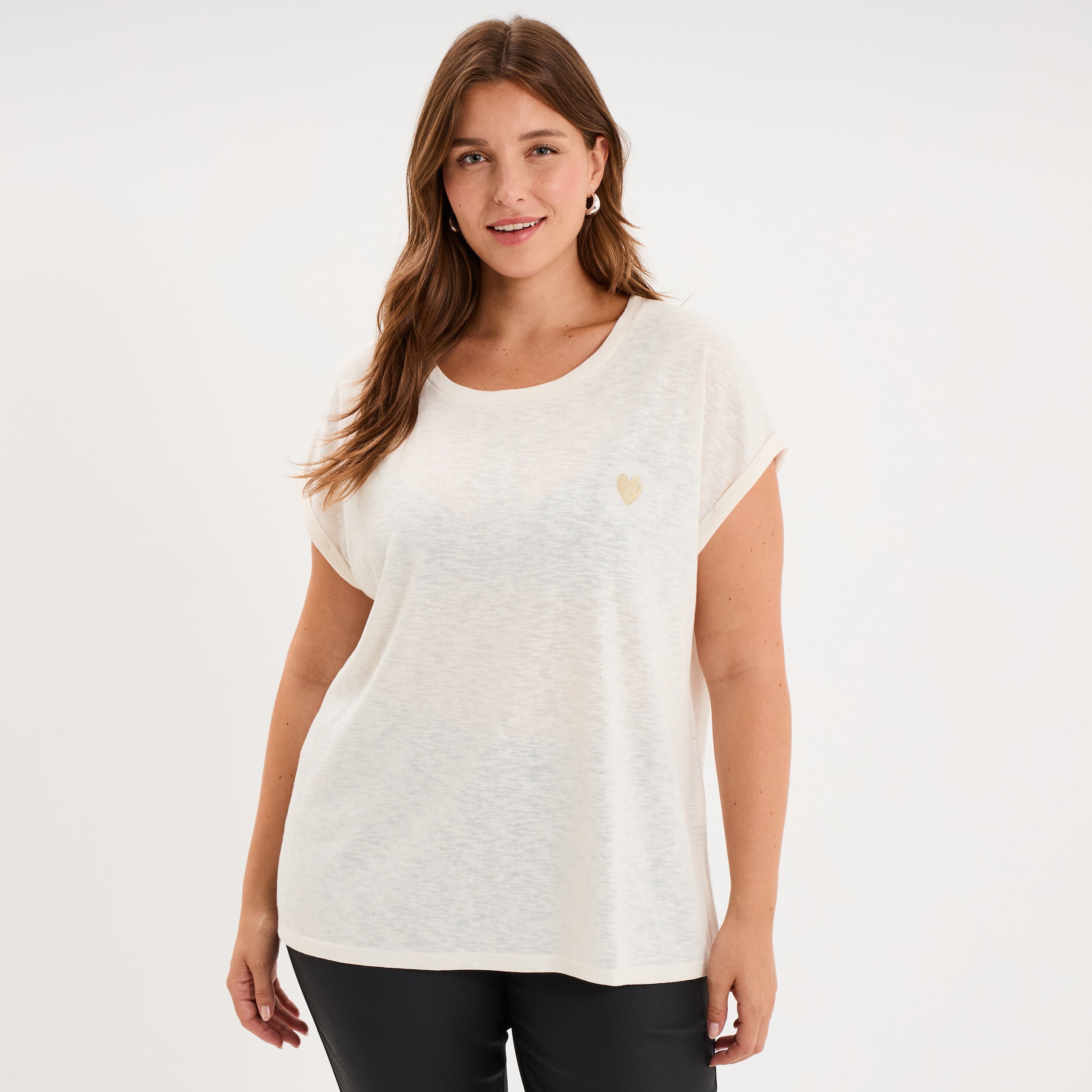 T-shirt droit manches courtes col rond ecru femme grande taille