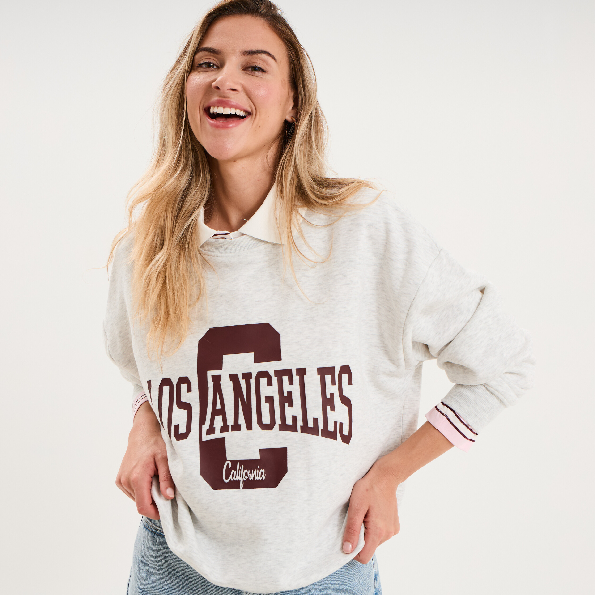 Sweat col rond manches longues gris clair femme