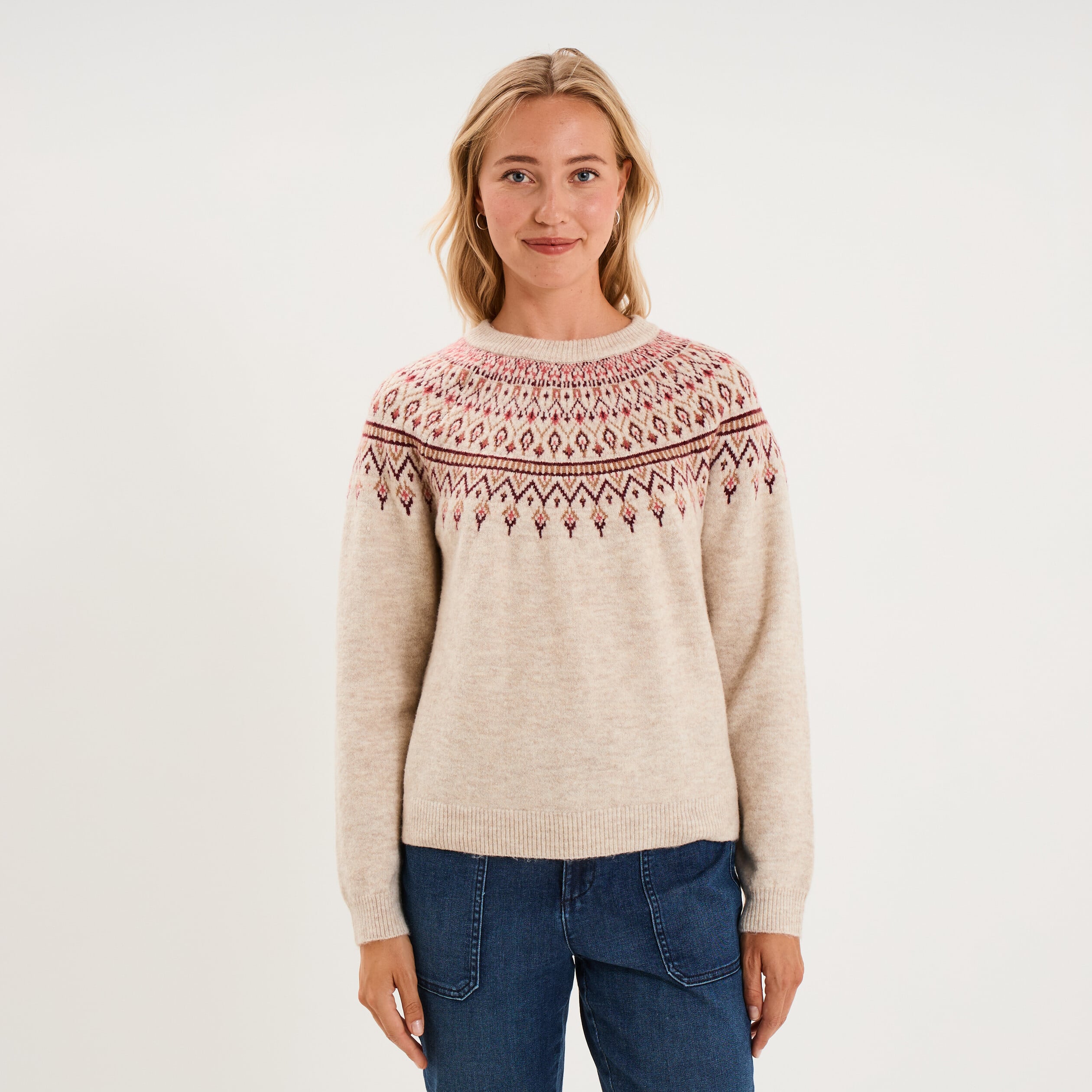 Pull jacquard col rond manches longues ecru femme