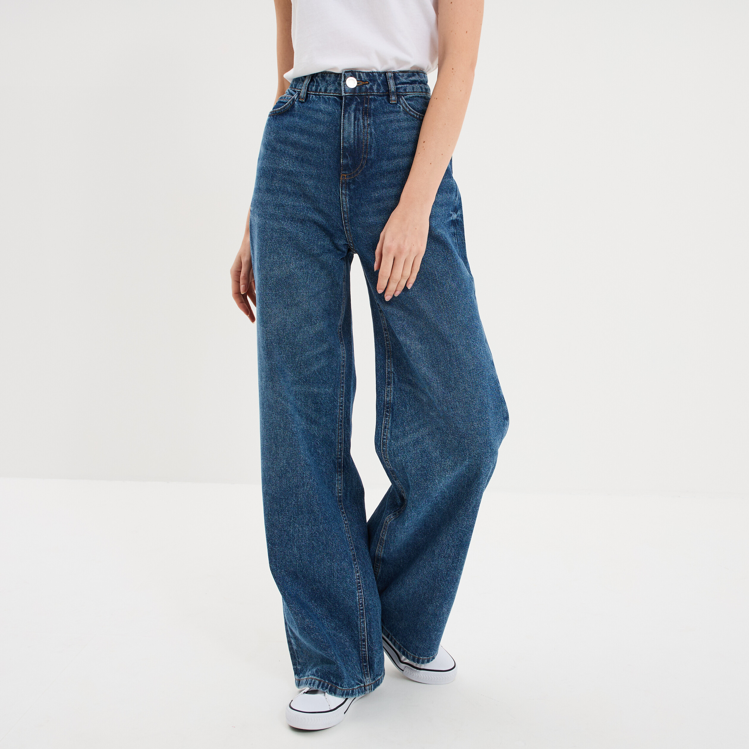 Jean large taille haute coton denim stone femme