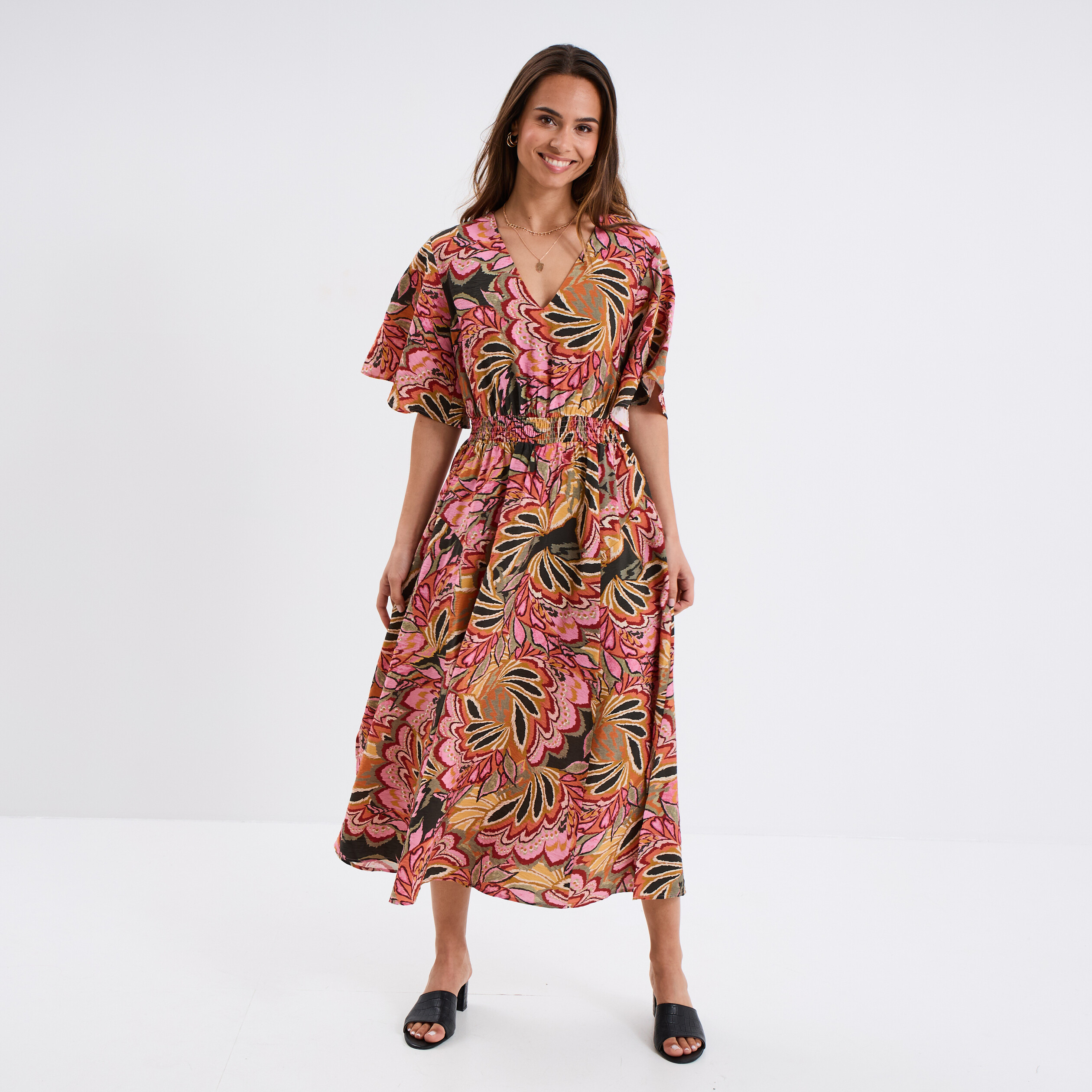 robe longue col en v taille elastiquee multicolore femme Robe longue col en V taille élastiquée multicolore femme