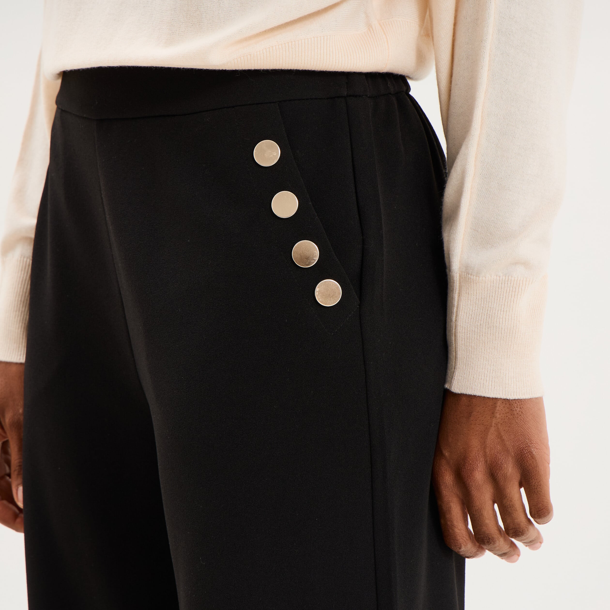 Pantalon &agrave; ponts flare effet cr&ecirc;pe noir femme