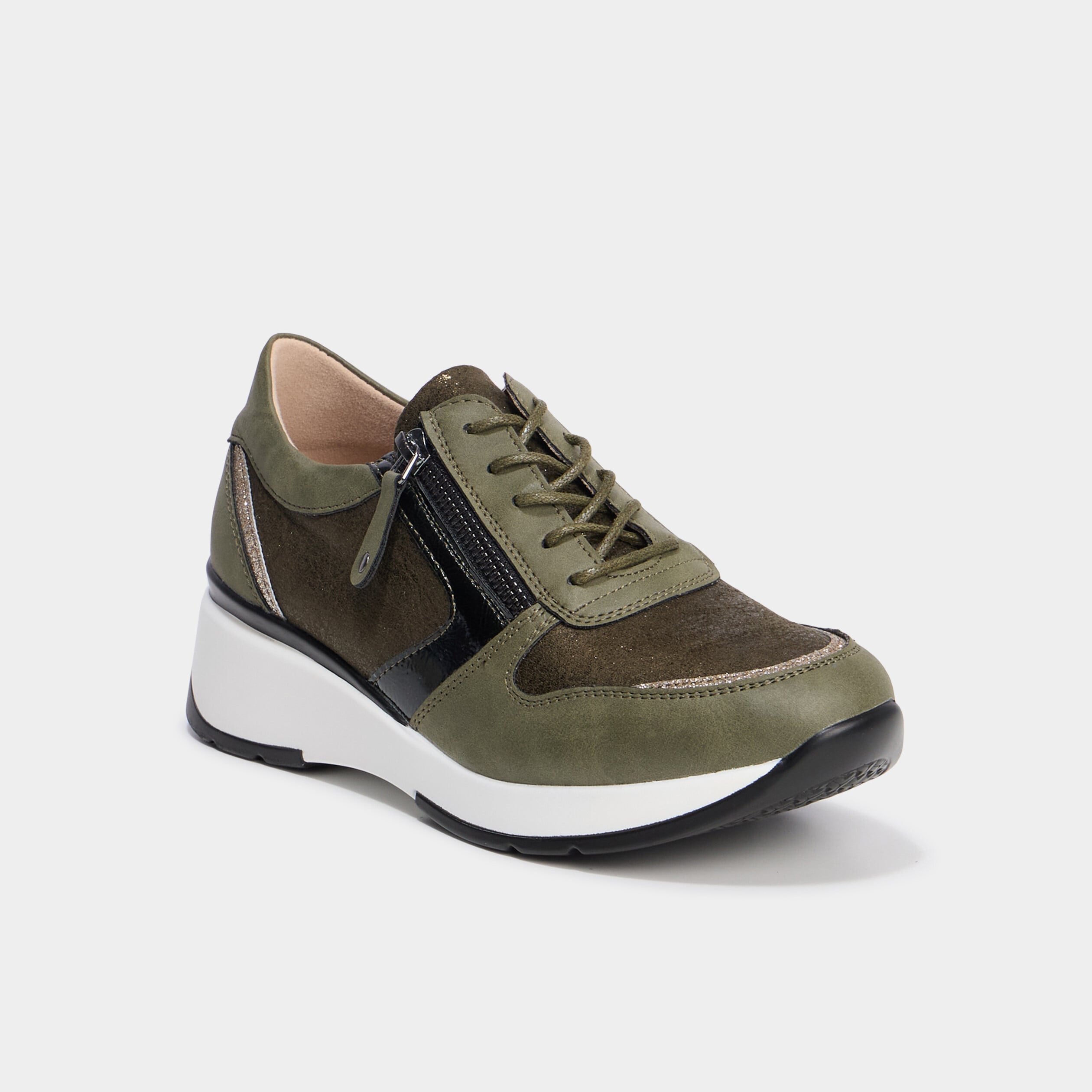 Baskets running compens&eacute;es zipp&eacute;es vert kaki femme
