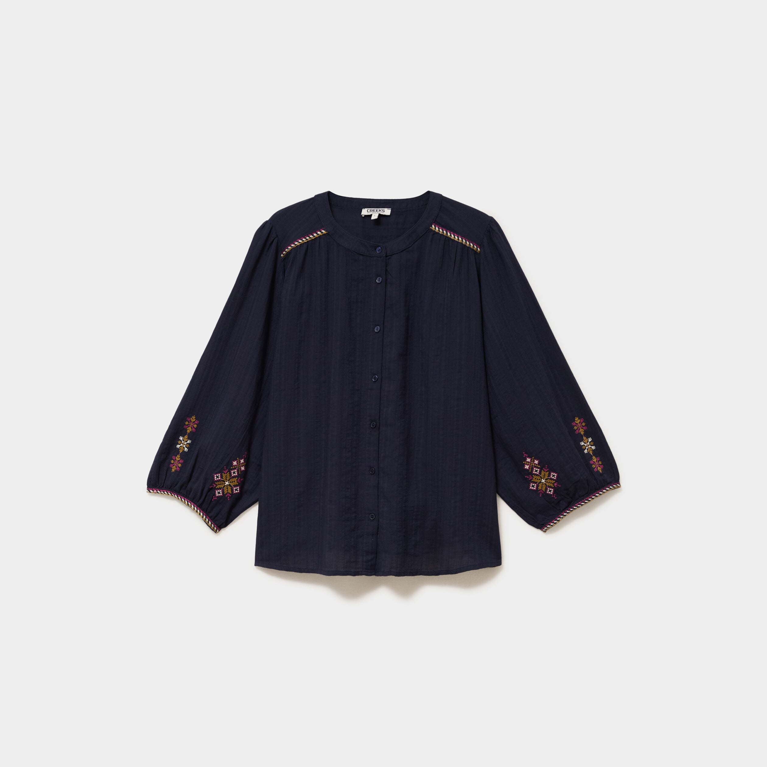 Blouse brod&eacute;e oversize manches 3/4 bleu fonc&eacute; femme