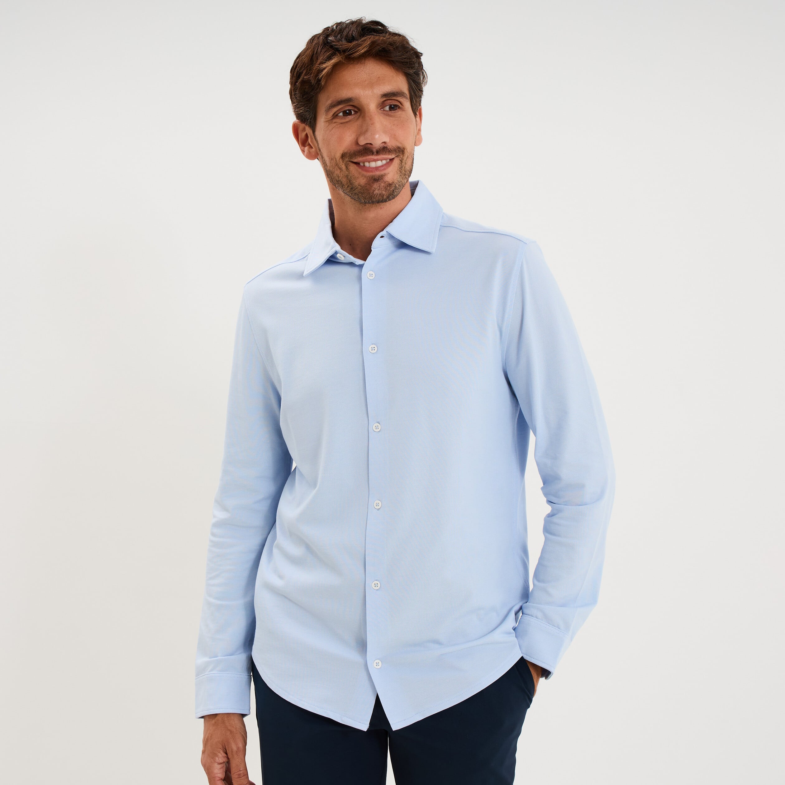 Chemise droite &agrave; manches longues bleu ciel homme