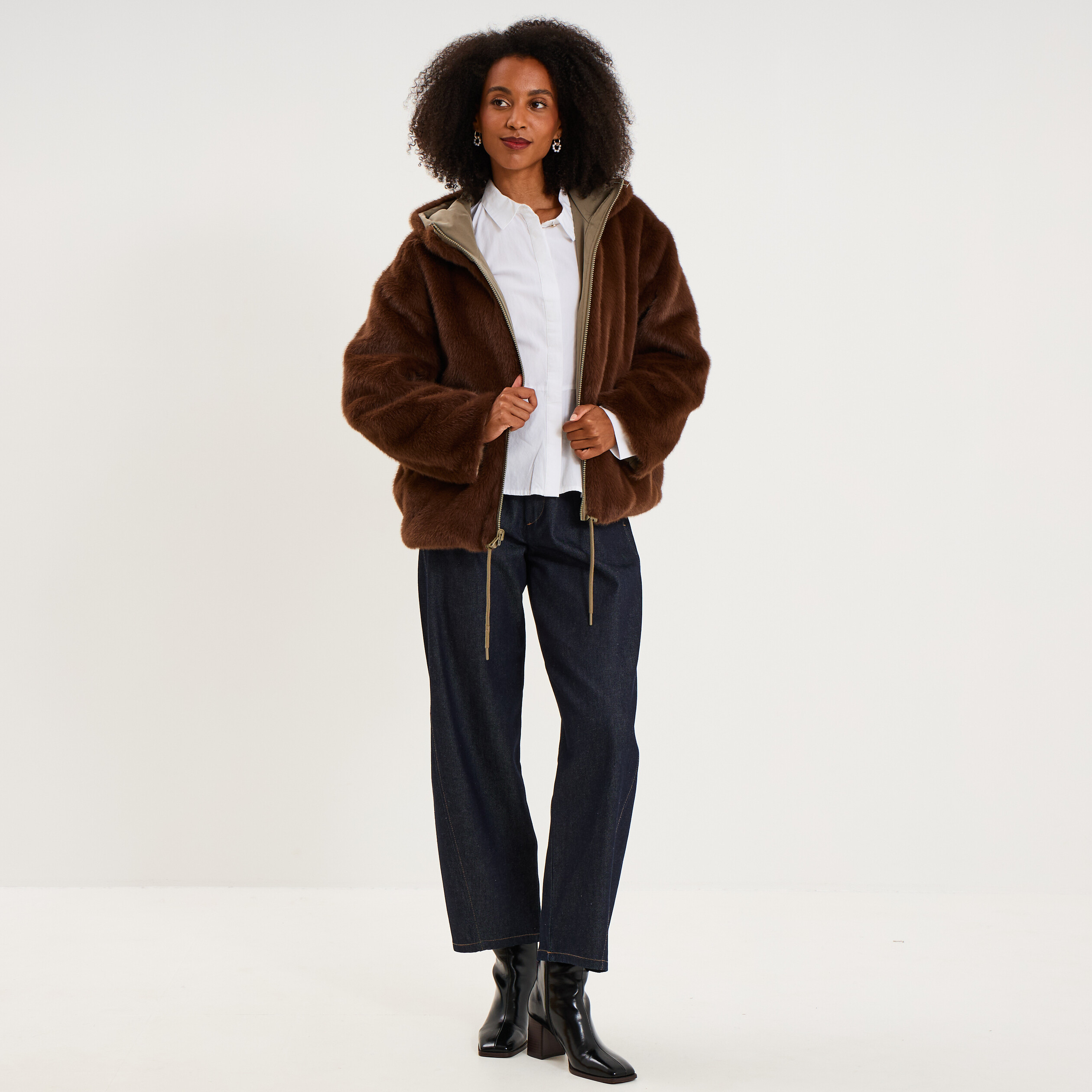 Parka r&eacute;versible capuche fausse fourrure vert kaki femme