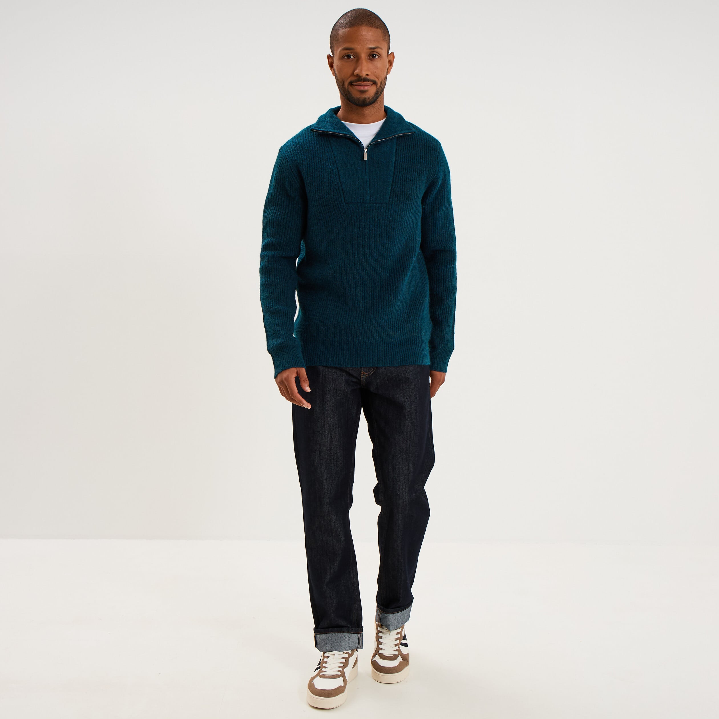 Pull avec col camionneur c&ocirc;tel&eacute; bleu canard homme
