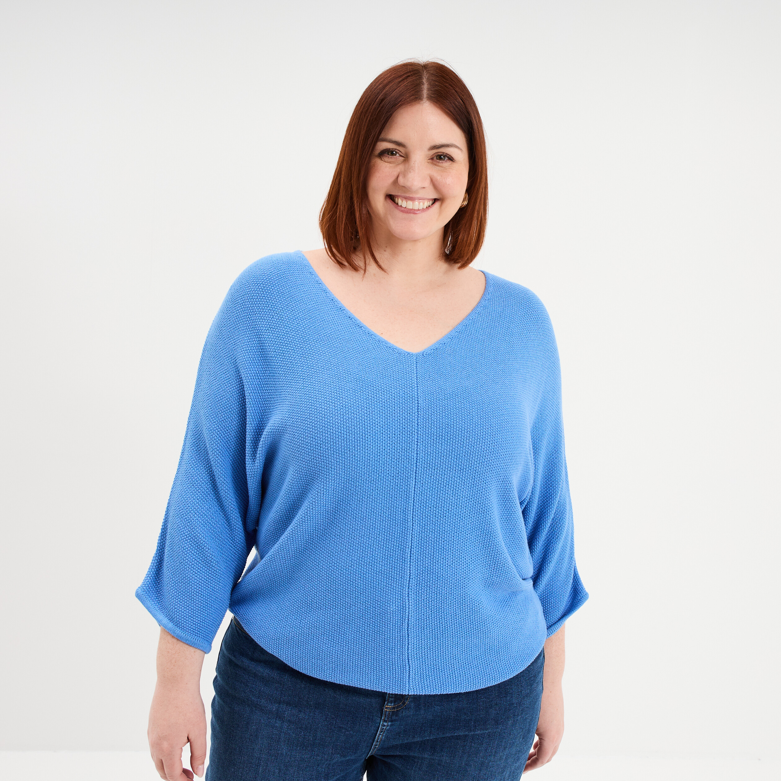 Pull manches 3/4 ajust&eacute; bleu electrique femme grande taille
