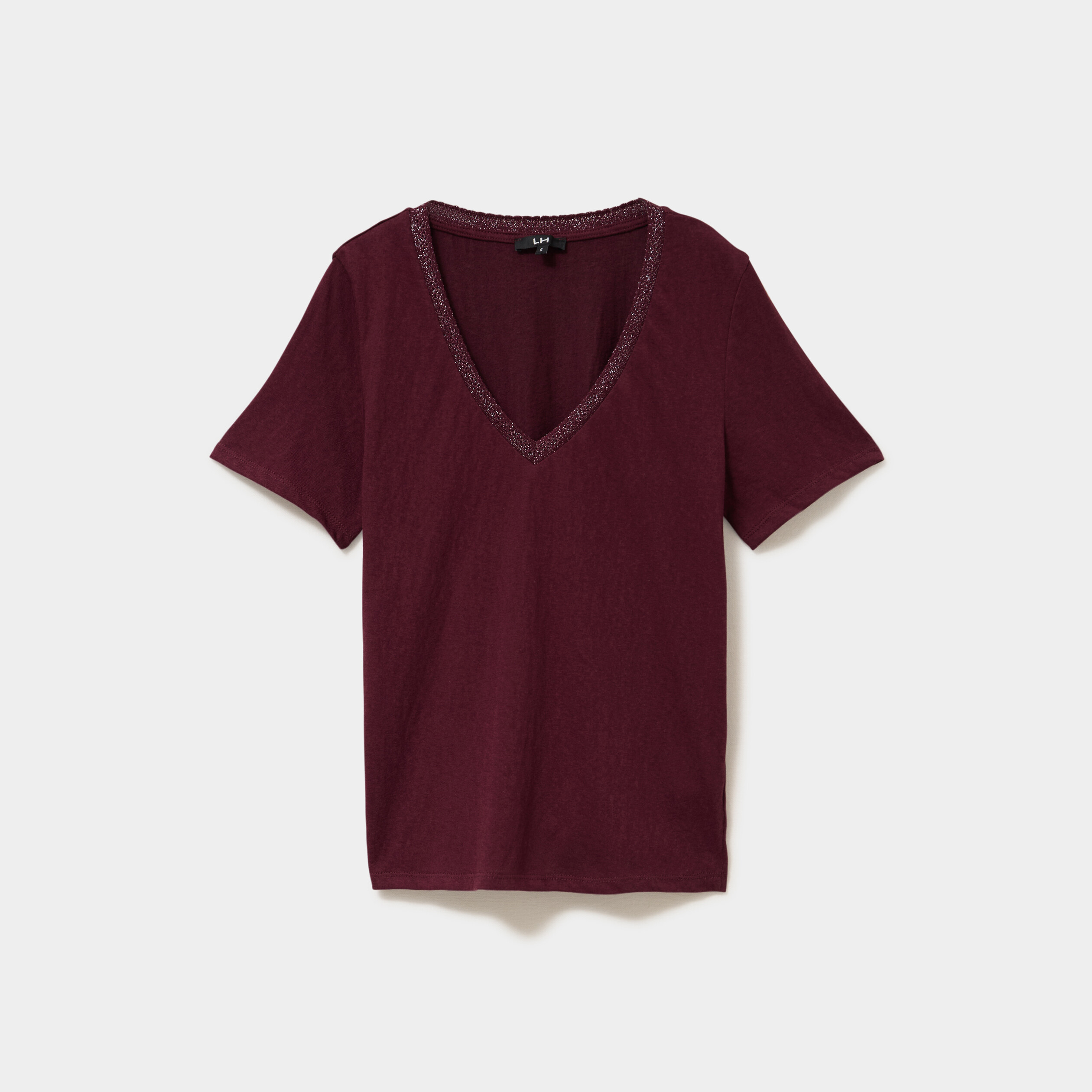T-shirt col en V manches courtes violet fonc&eacute; femme