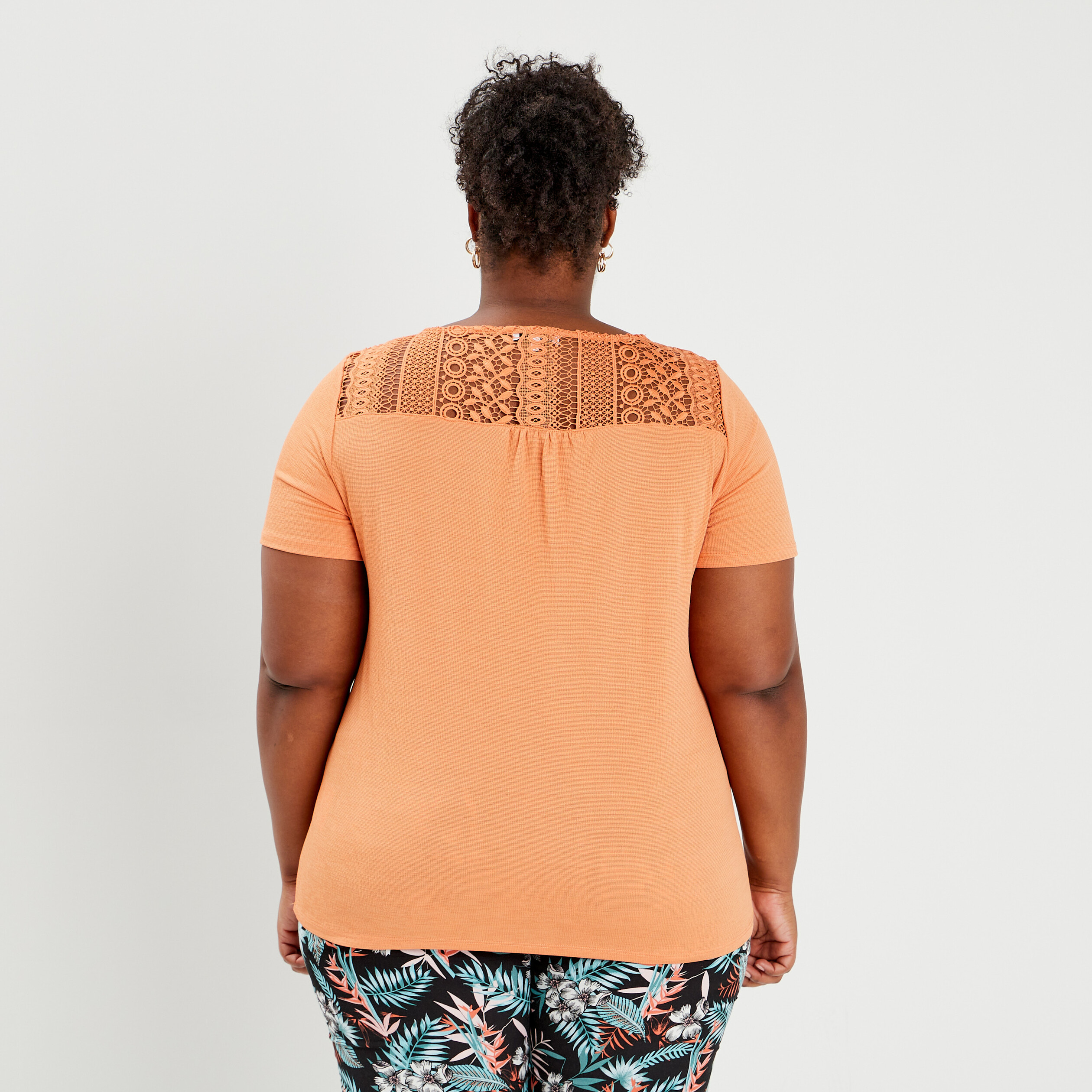 T-shirt avec cordons et dentelle orange corail femme grande taille