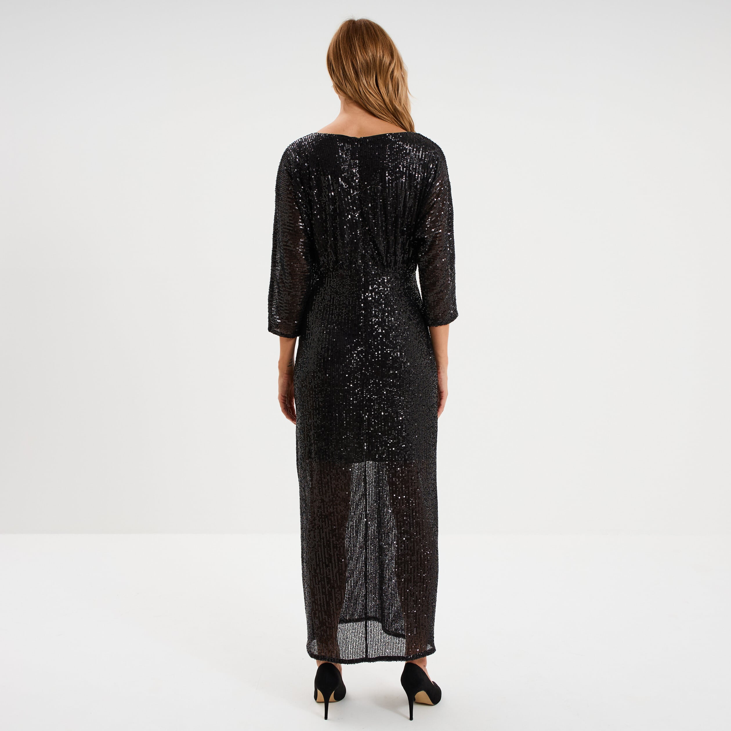 Robe longue fendue &agrave; sequins noir femme